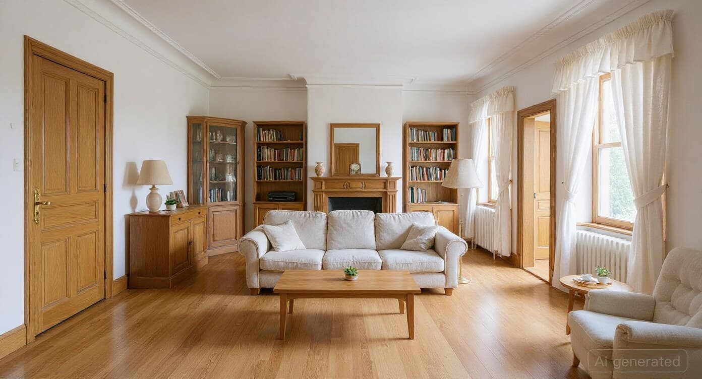 La misma habitación convertida en un interior escandinavo luminoso: paredes blancas, parqué claro, muebles de madera natural