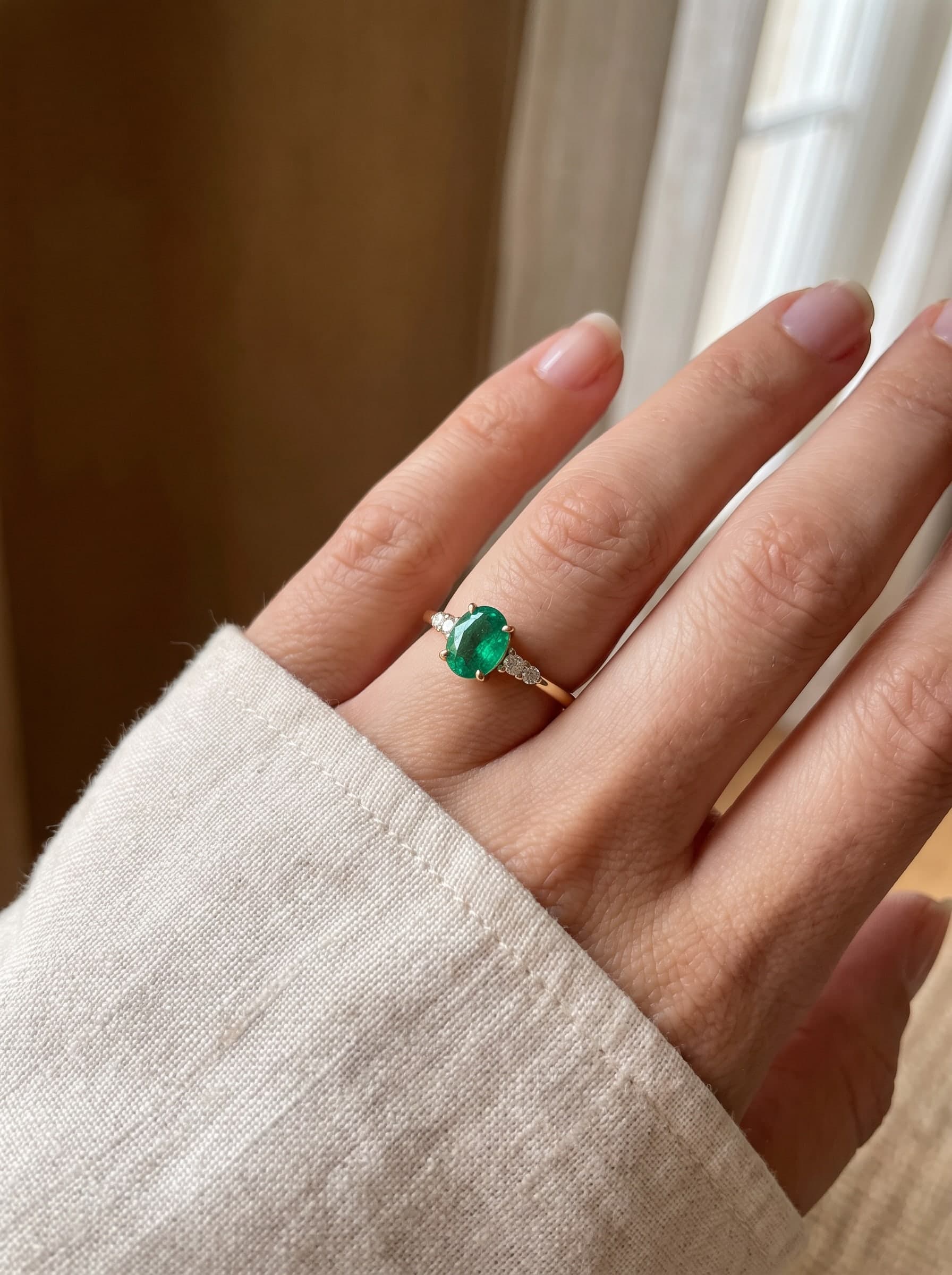 El mismo anillo puesto en el dedo anular, con suave luz de ventana