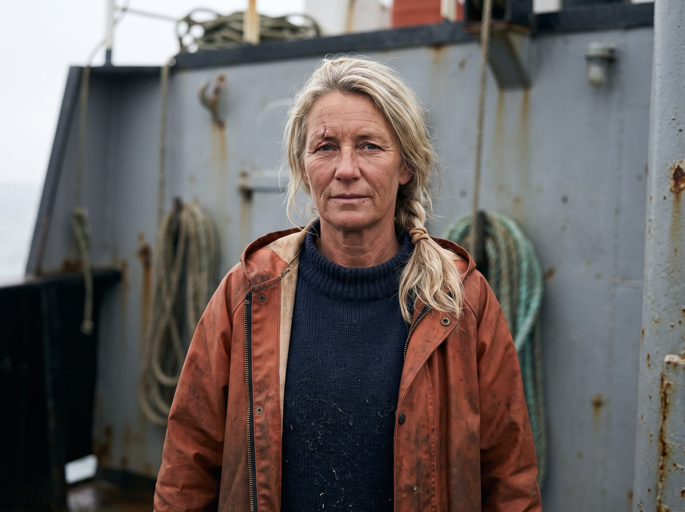 The first test: salt bleached hair, a scar through the eyebrow, sweater and oilskin against the trawler bulkhead