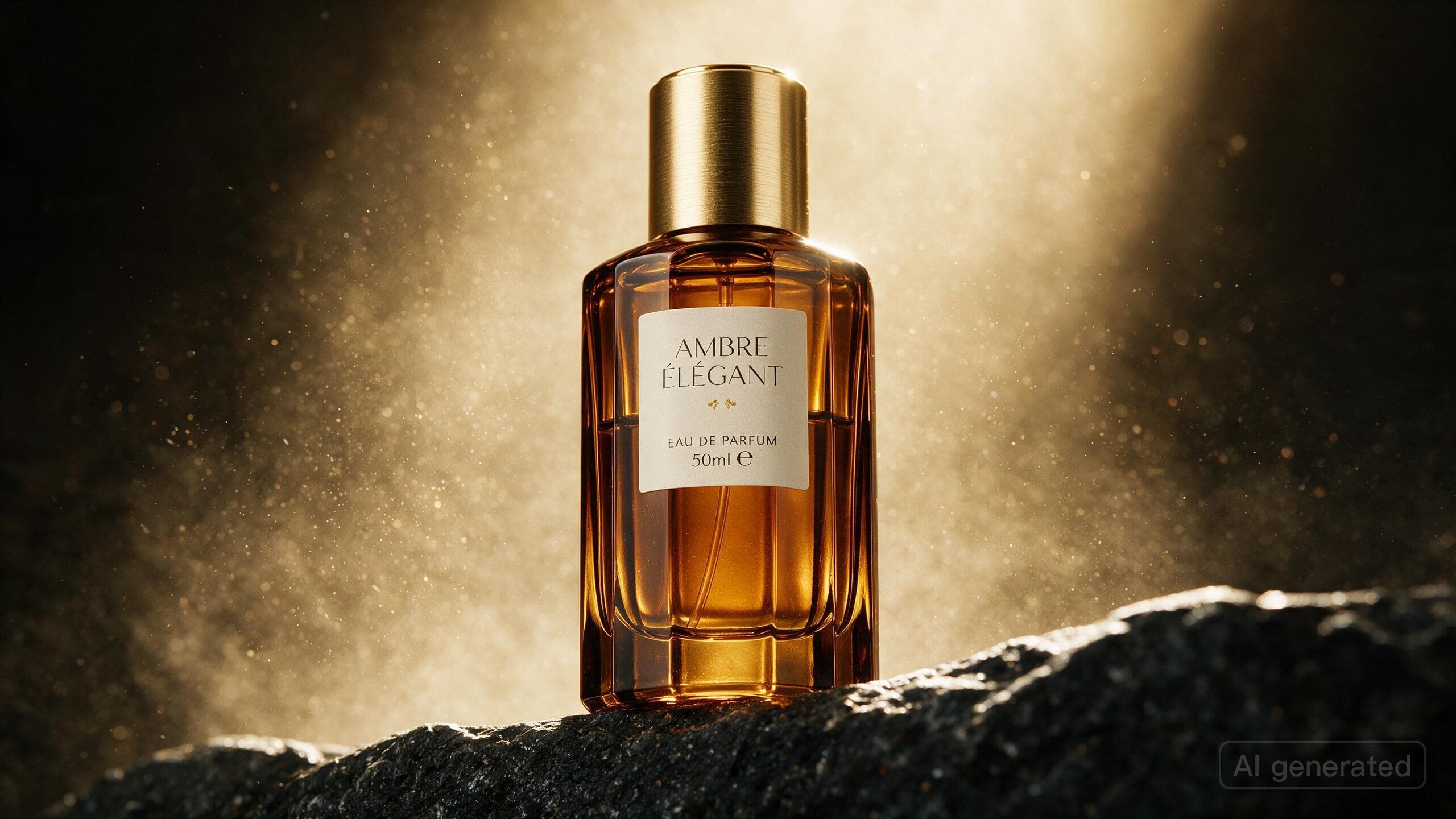 Le plan de départ : le produit sur une pierre sombre, halo lumineux, poussière dans le faisceau