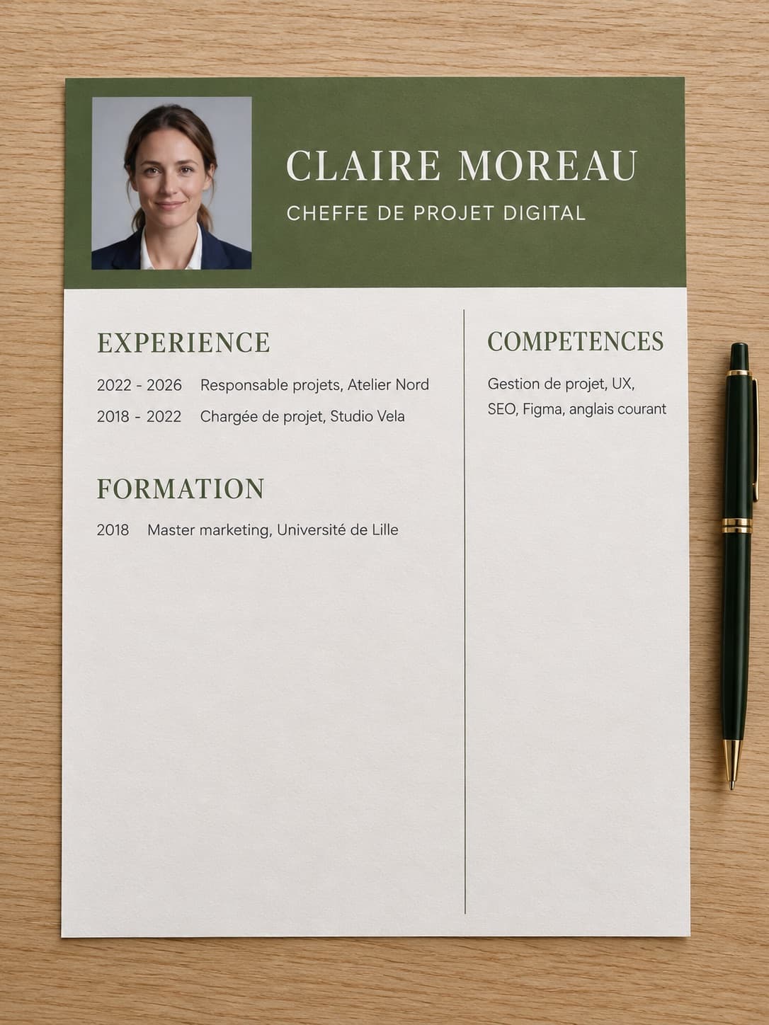Le CV graphique, bureau en chêne clair