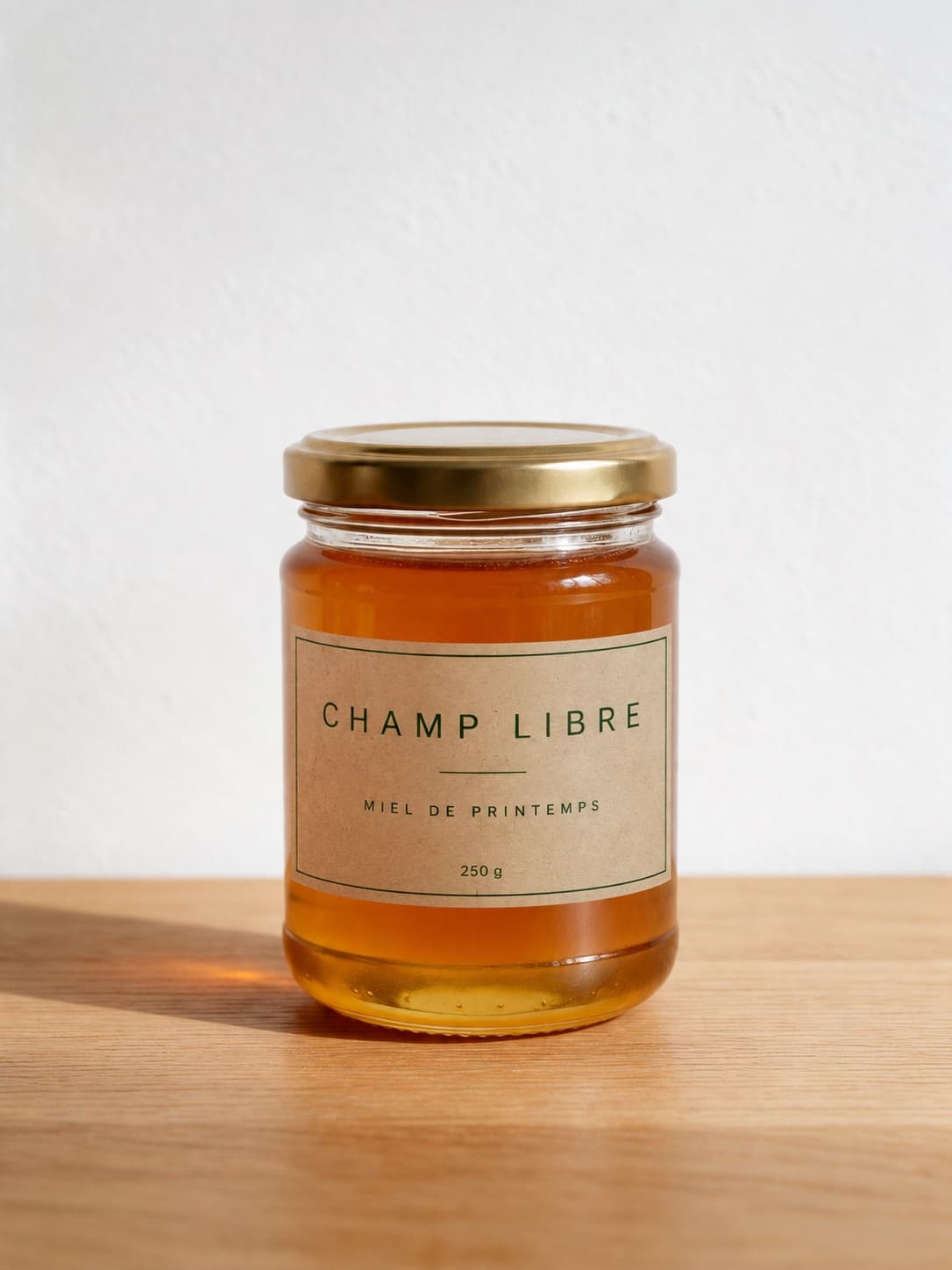 Étiquette typographique minimaliste, papier crème, posée sur le pot