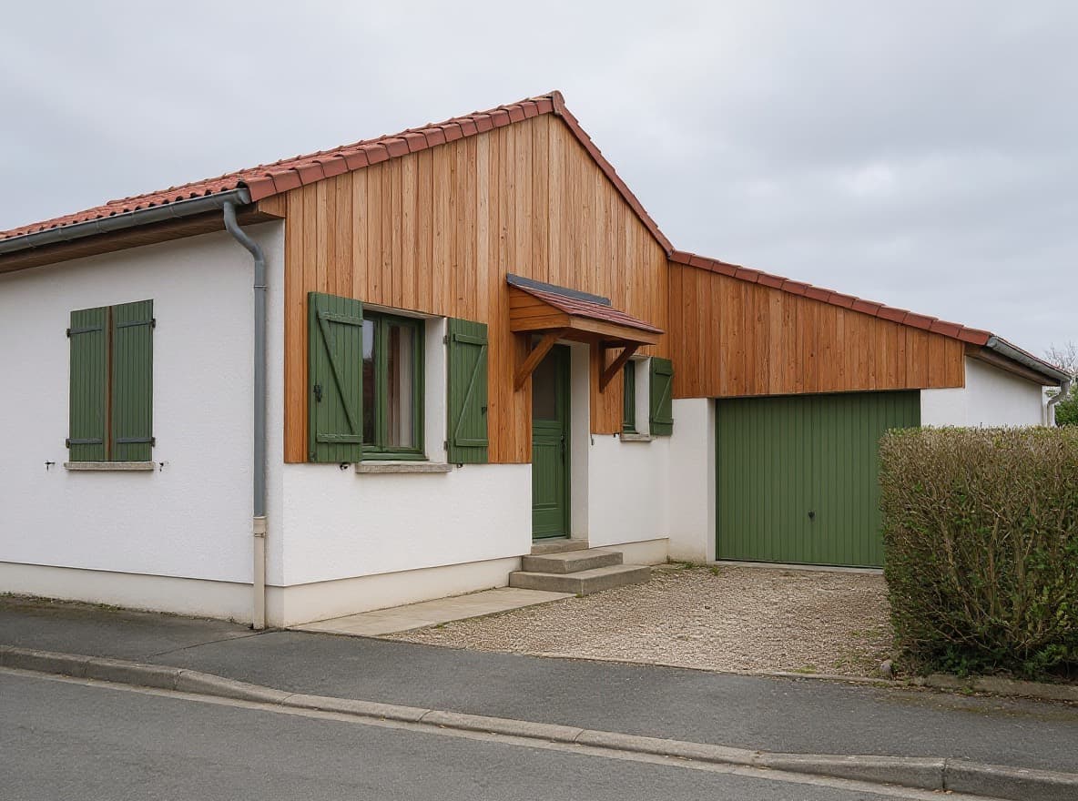 Enduit blanc et bardage bois vertical sur la partie haute