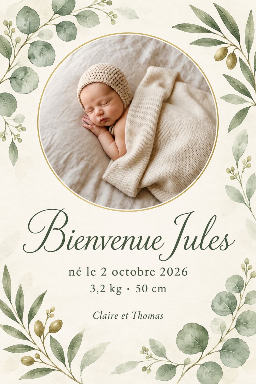 بطاقة الألوان المائية بأوراق الشجر، صورة دائرية، «Bienvenue Jules» والقياسات