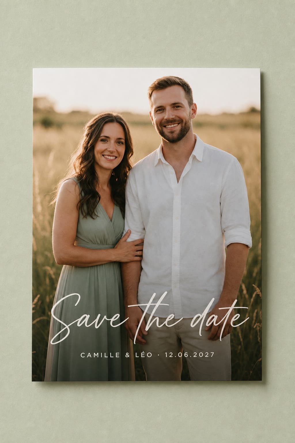 La carte save the date sur fond vert sauge