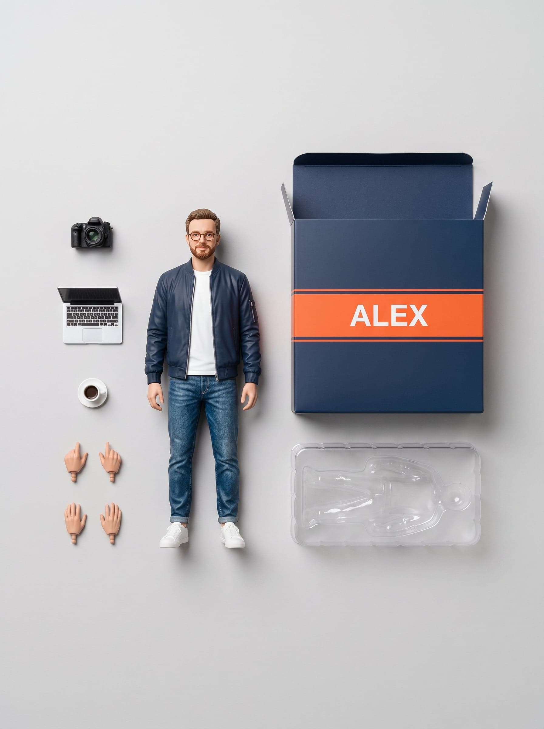 Le contenu de la boîte étalé à plat : figurine et accessoires