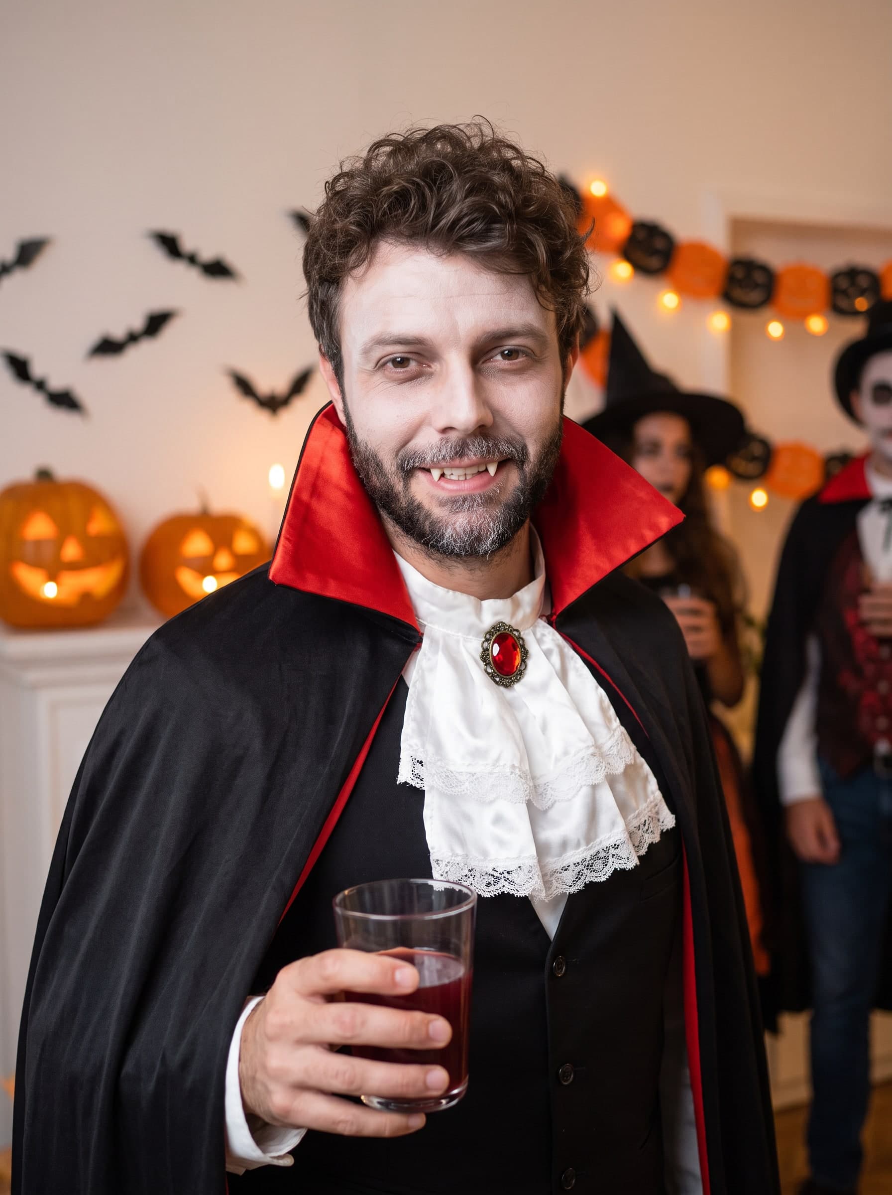 Derselbe Mann als eleganter Vampir, schwarzer Umhang mit Stehkragen, gefüttert mit rotem Satin, auf einer Halloween-Party vor Kürbissen