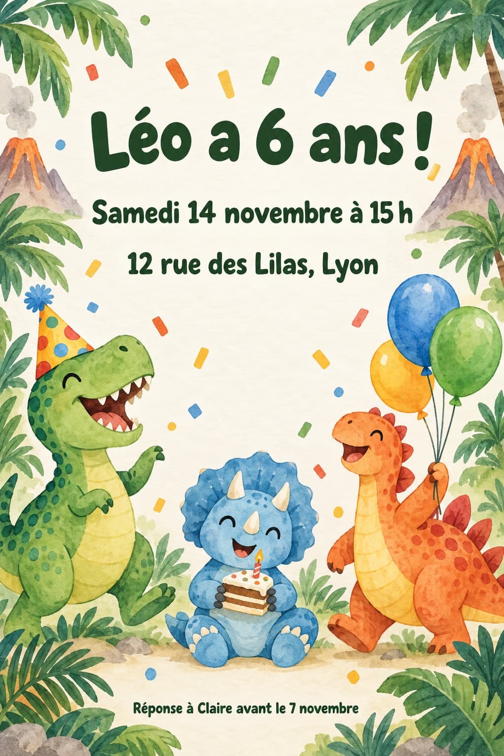دعوة الديناصورات بالألوان المائية: «Léo a 6 ans !»، التاريخ والعنوان وسطر الرد