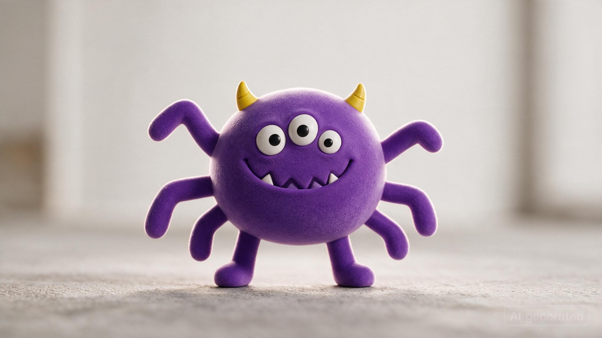 Le personnage en figurine 3D sur fond studio, tout du dessin conservé : les trois yeux, les six pattes, les couleurs