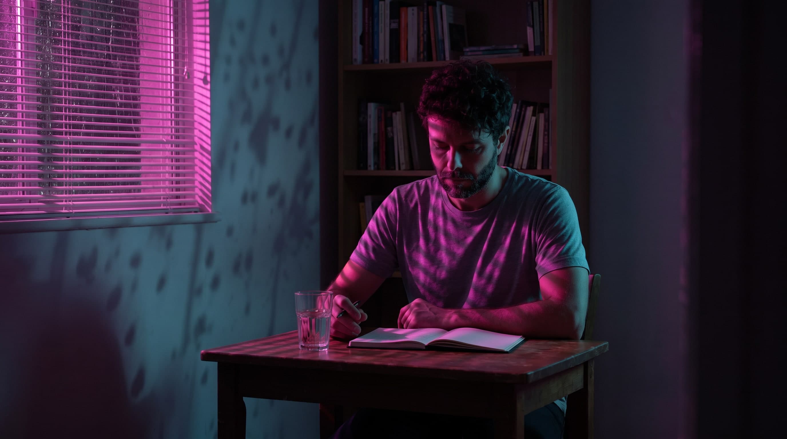 Neon night: magenta through the window, cyan backlight, rain outside only