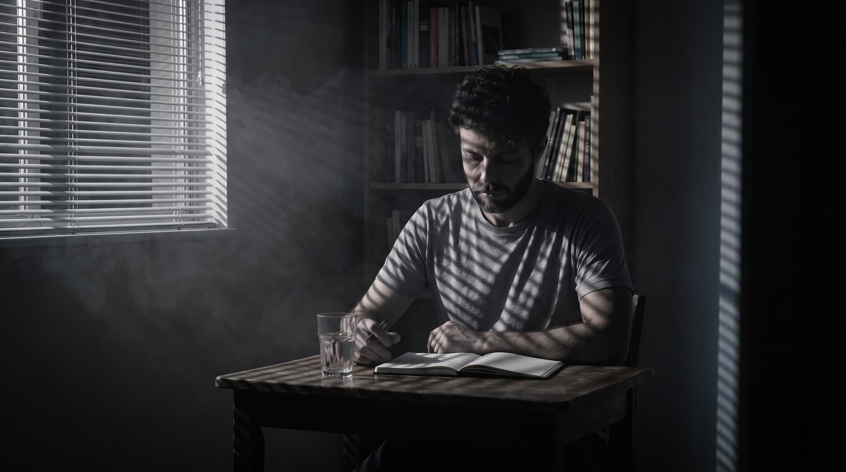 Film noir: hard light through the blinds, striped shadows, same framing and pose