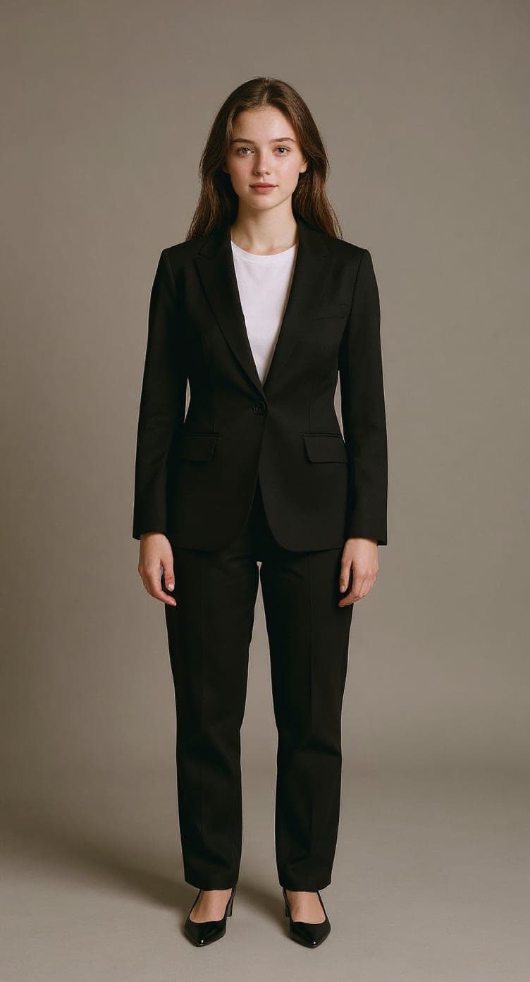 La tenue B générée sur la même personne : tailleur noir, même pose, même fond