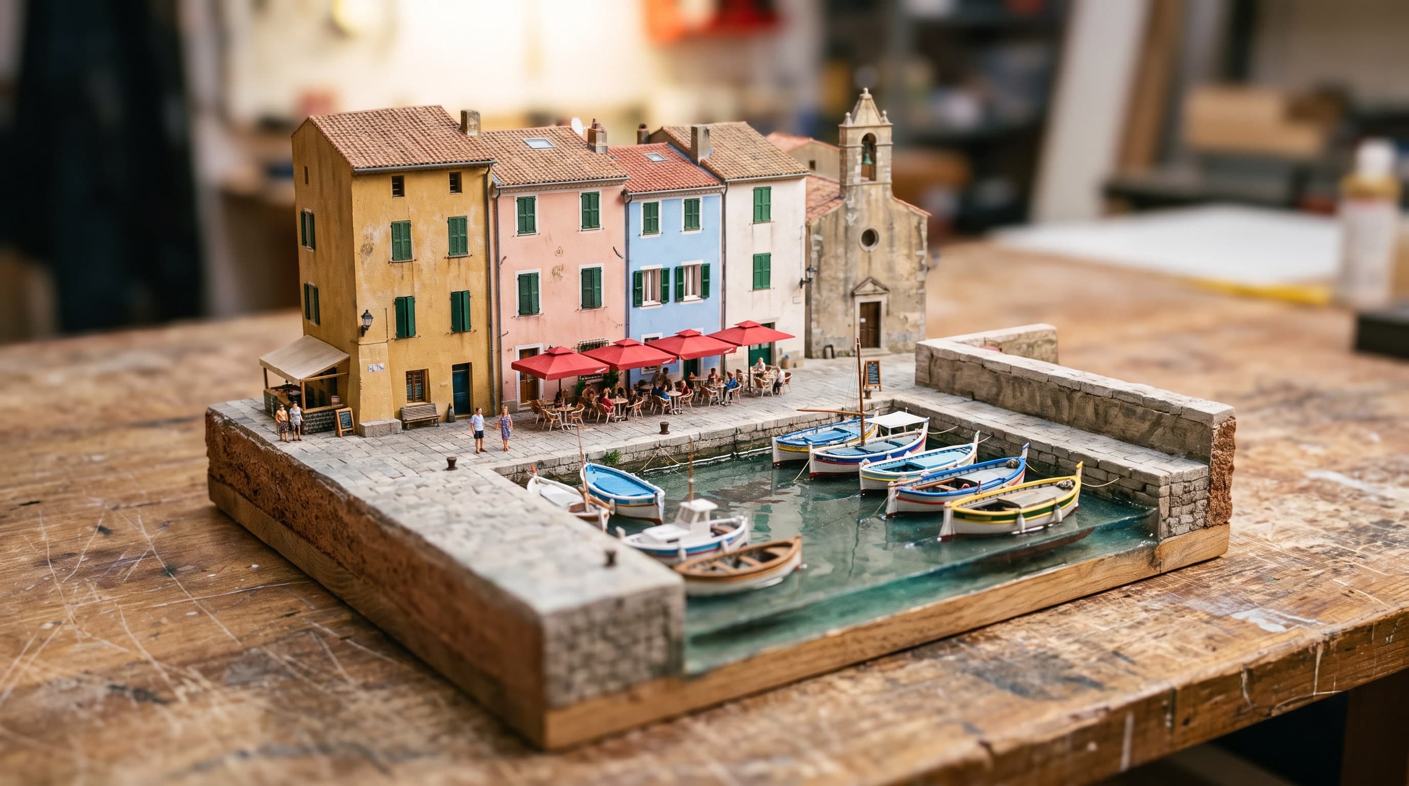 Das Miniaturdiorama auf einem Werktisch: die vier Fassaden, der Kirchturm und der Hafen des Fotos, Tilt-Shift-Unschärfe