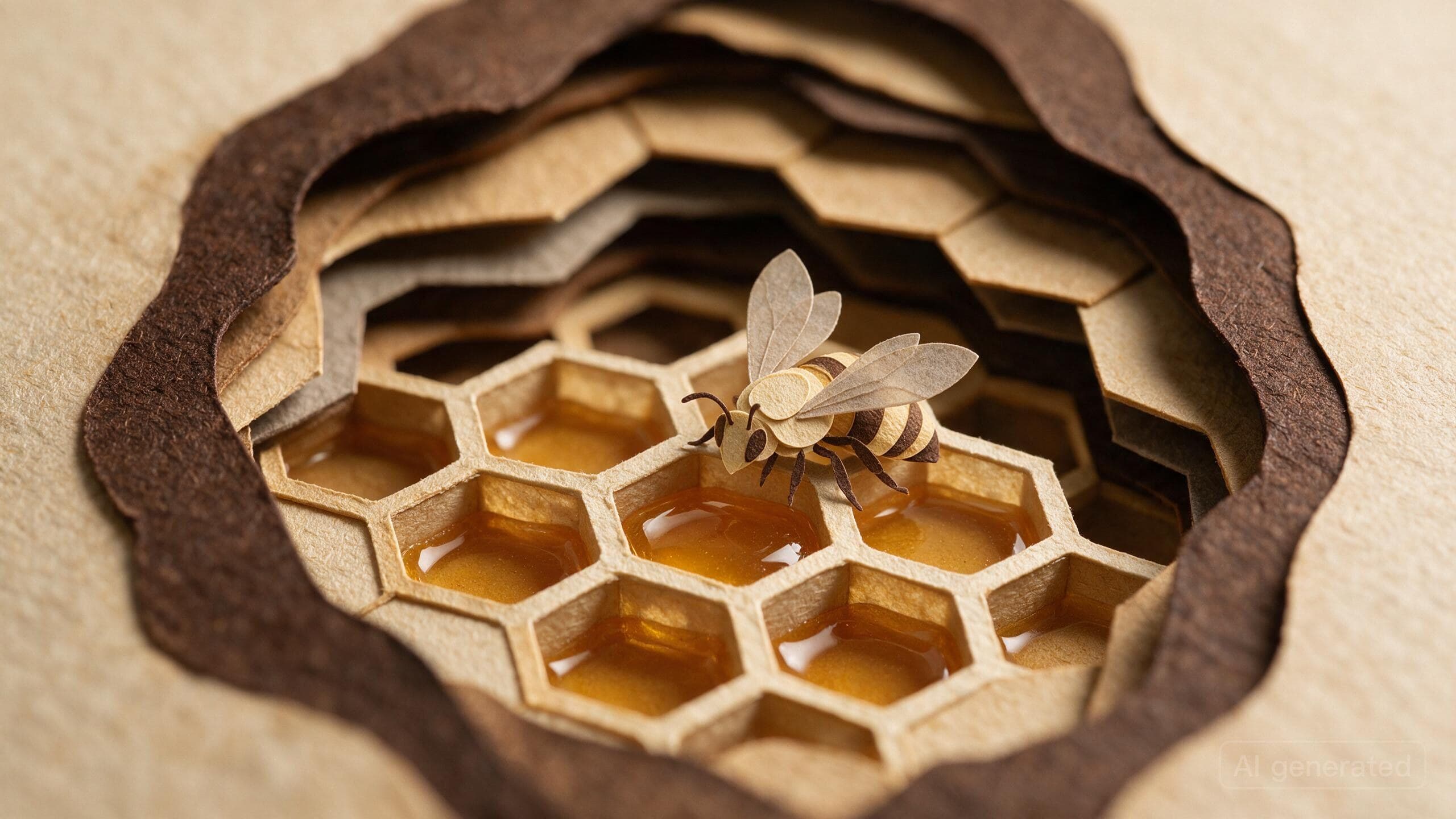 Macro : des alvéoles hexagonales en papier se remplissent de miel