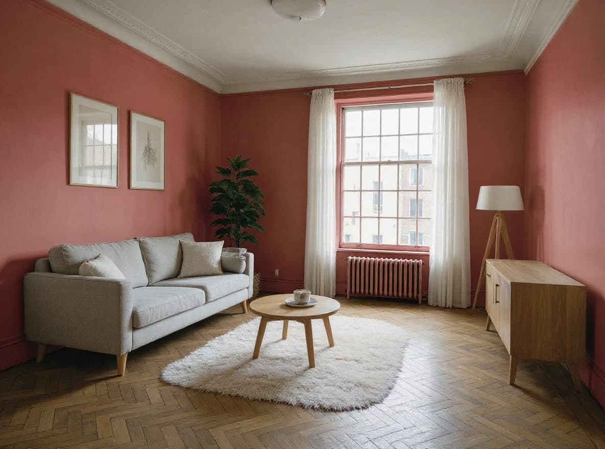 Derselbe Raum in staubigem Terrakotta-Rosa, nur der Heizkörper folgt der Wand