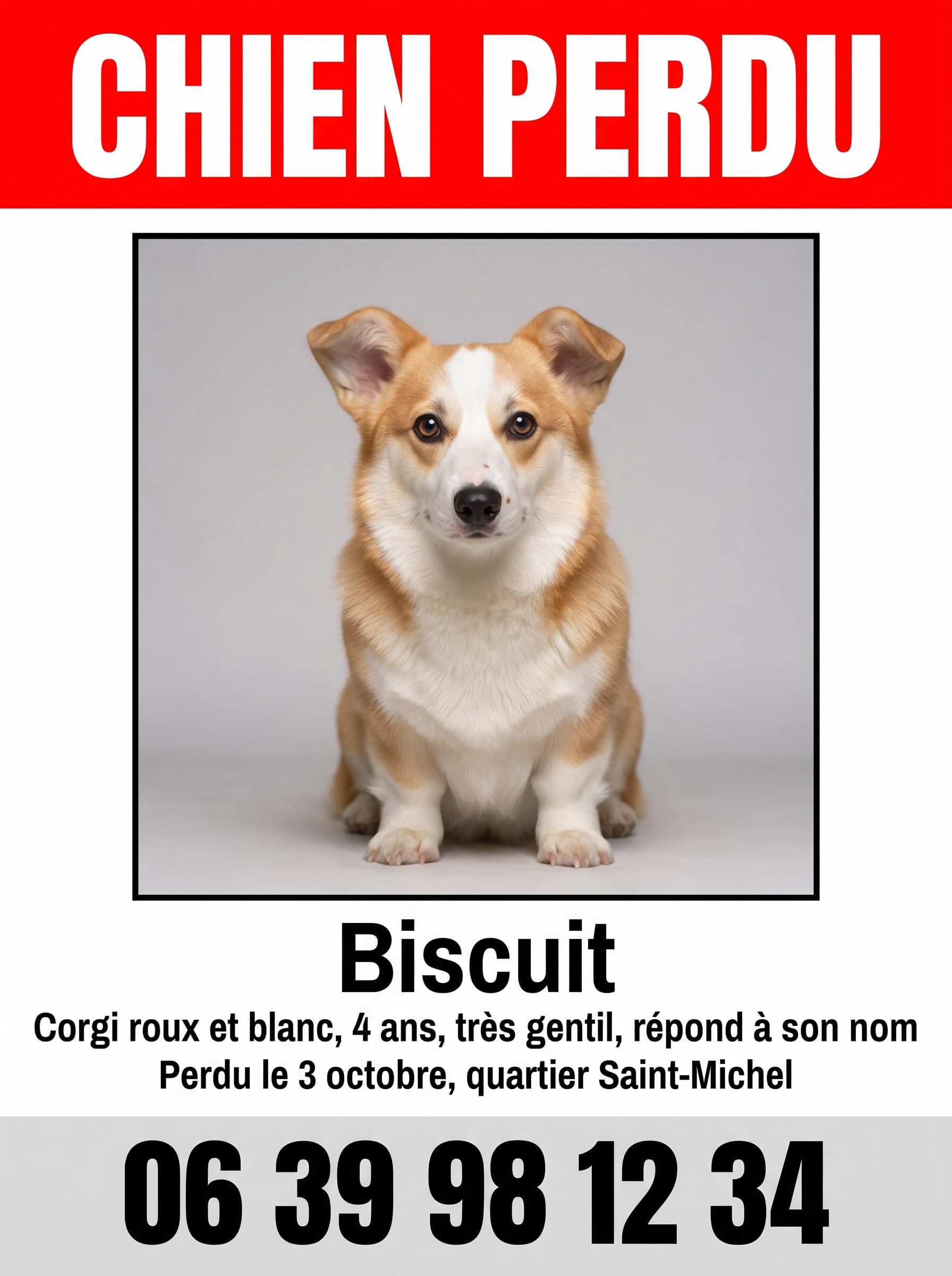 Kırmızı bantlı bir «KAYIP KÖPEK» afişi, ortada corgi'nin fotoğrafı ve en altta büyük yazılmış numara