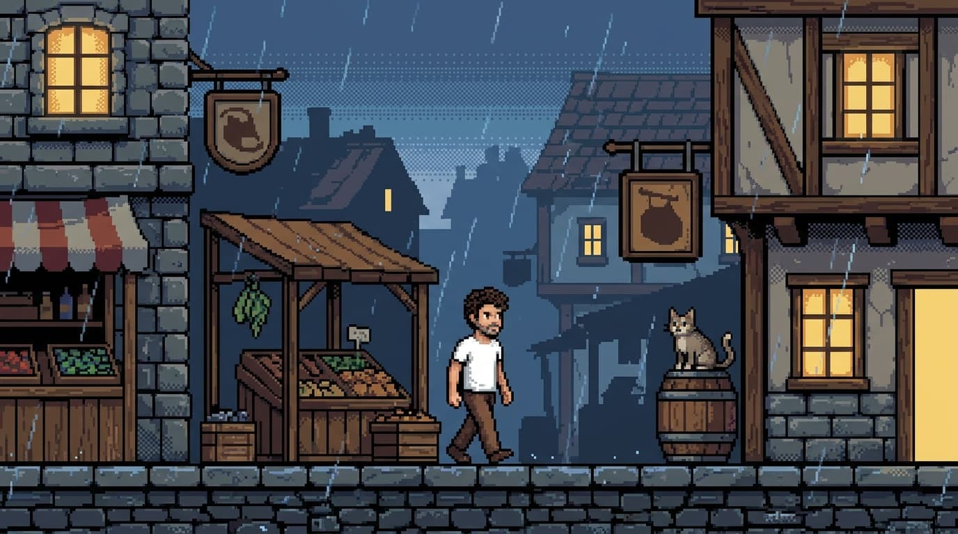 Das Spiel-Setting: derselbe Charakter läuft durch eine Marktstraße im Regen, gleiche Palette und gleiches Raster