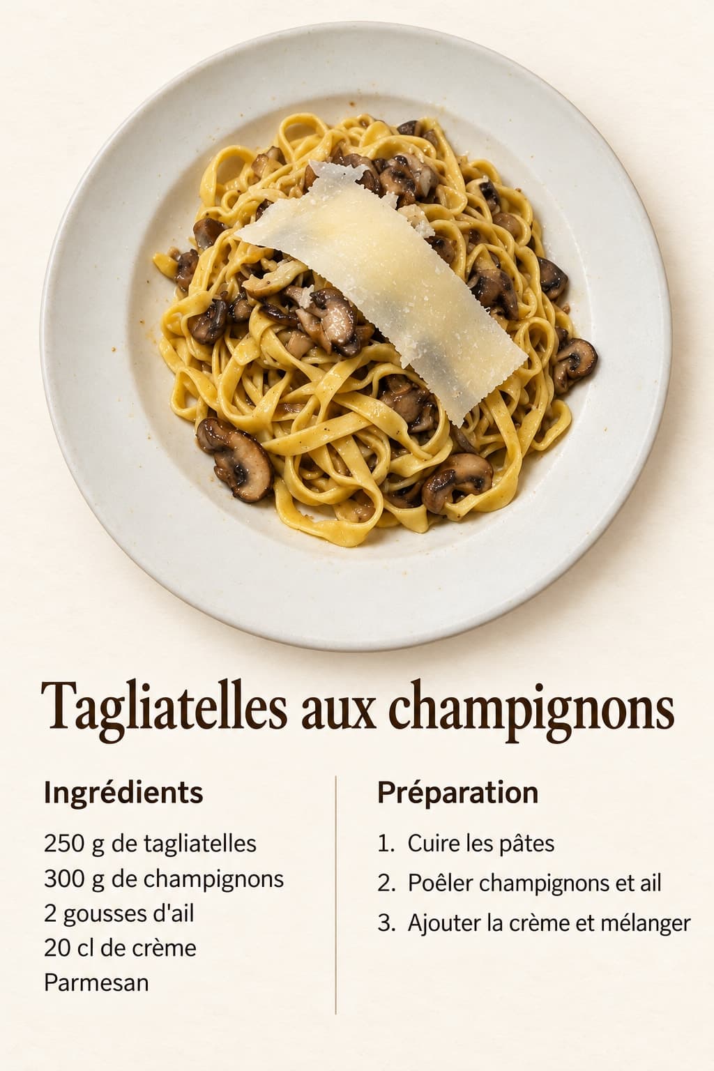 Die Rezeptkarte: Foto des Gerichts, Titel, fünf Zutaten und drei Schritte, jede Zeile exakt