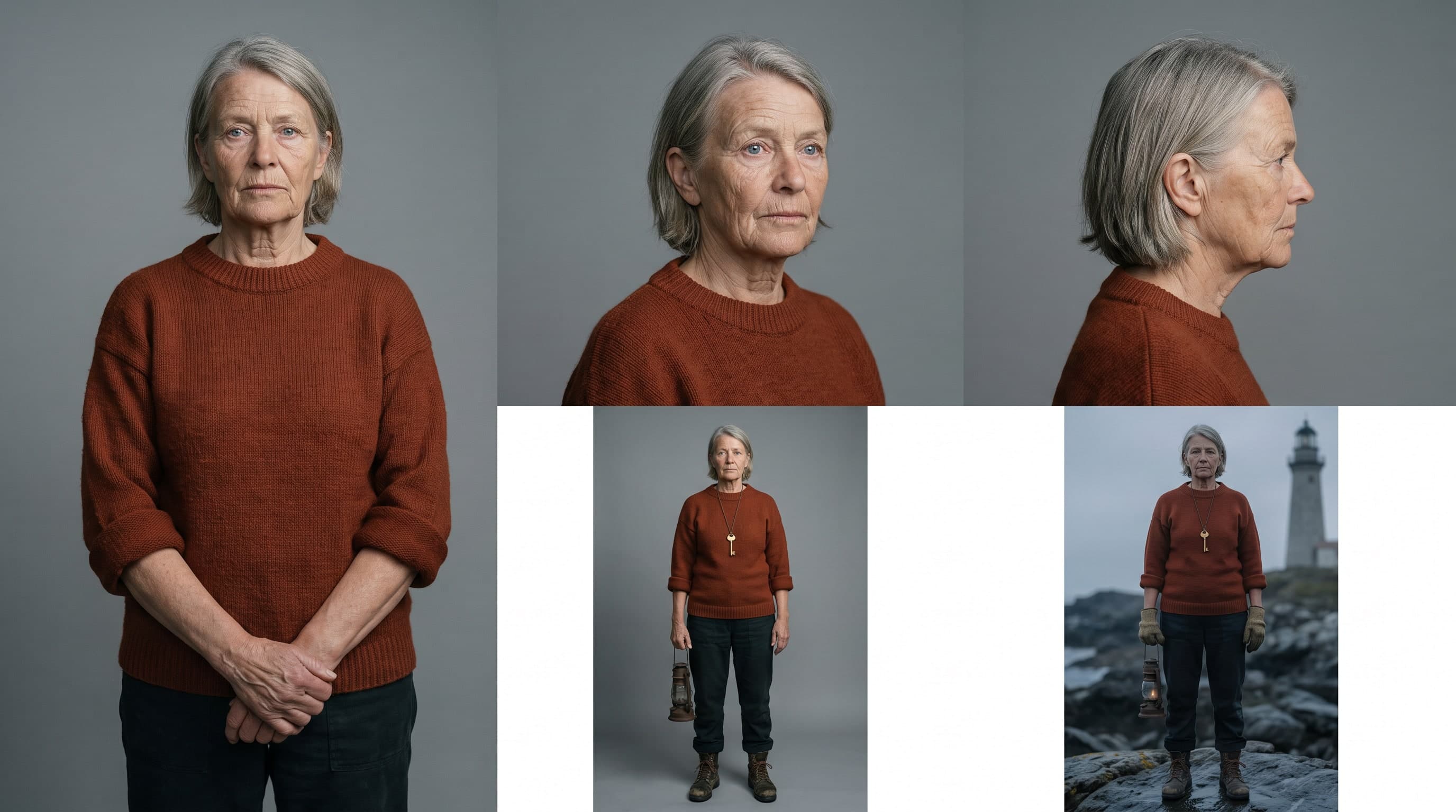 Ficha de personaje de Maren, la guardiana del faro, en cuatro vistas sobre fondo neutro, dibujada por Nano Banana Pro a partir de la biblia visual