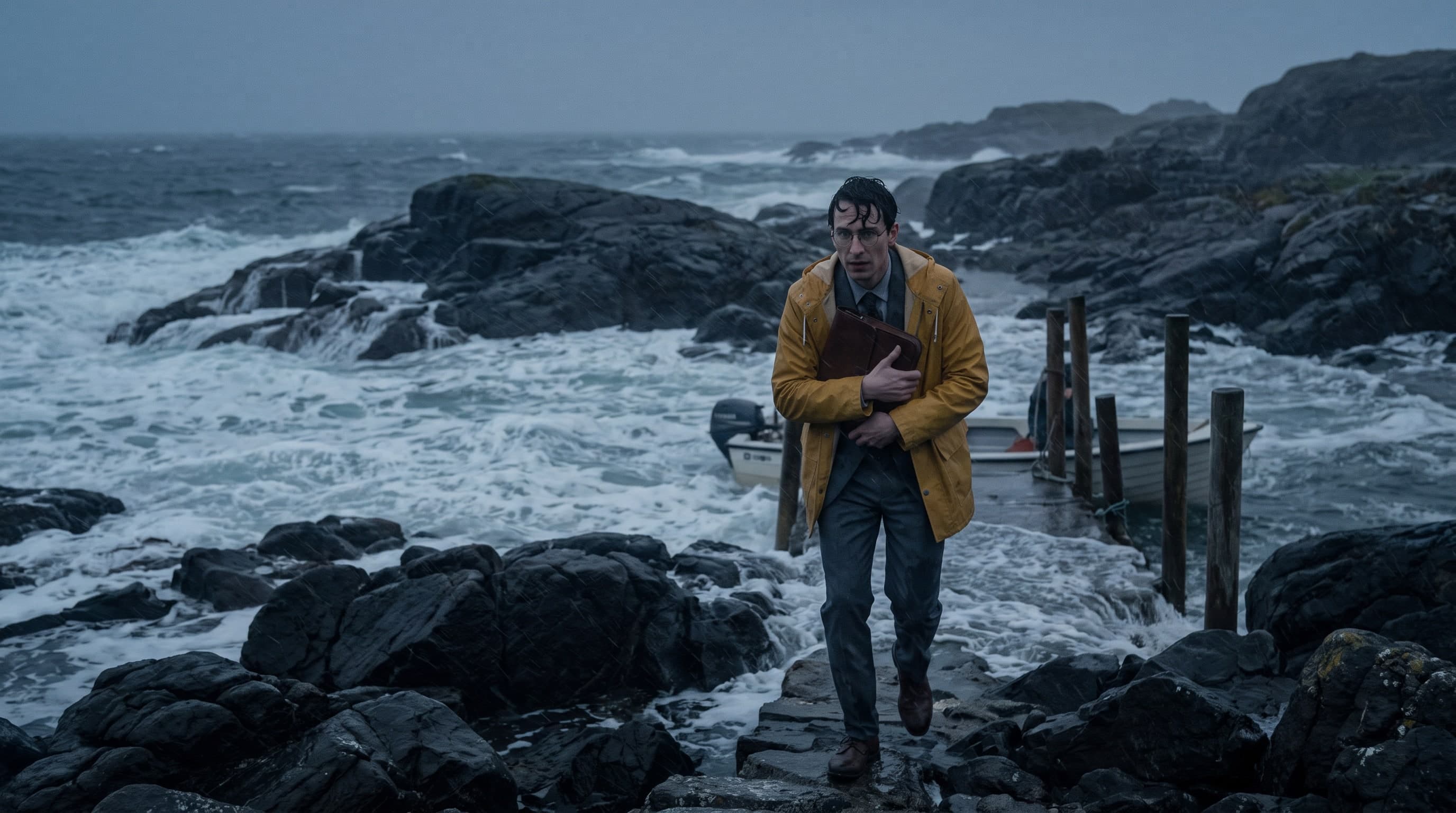 Primer fotograma de la escena 2: las rocas y el espigón bajo el viento
