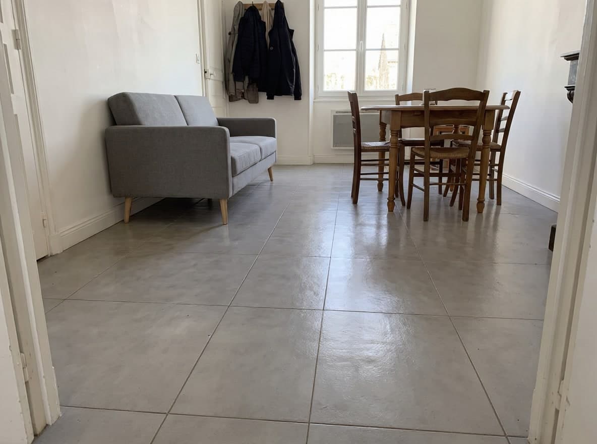 نفس غرفة المعيشة ببلاط كبير 120 × 120 بتأثير الخرسانة الرمادية الفاتحة