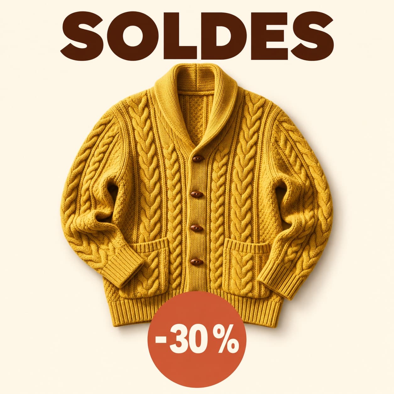 Post persegi bertema diskon dengan label -30% untuk media sosial, cardigan yang sama