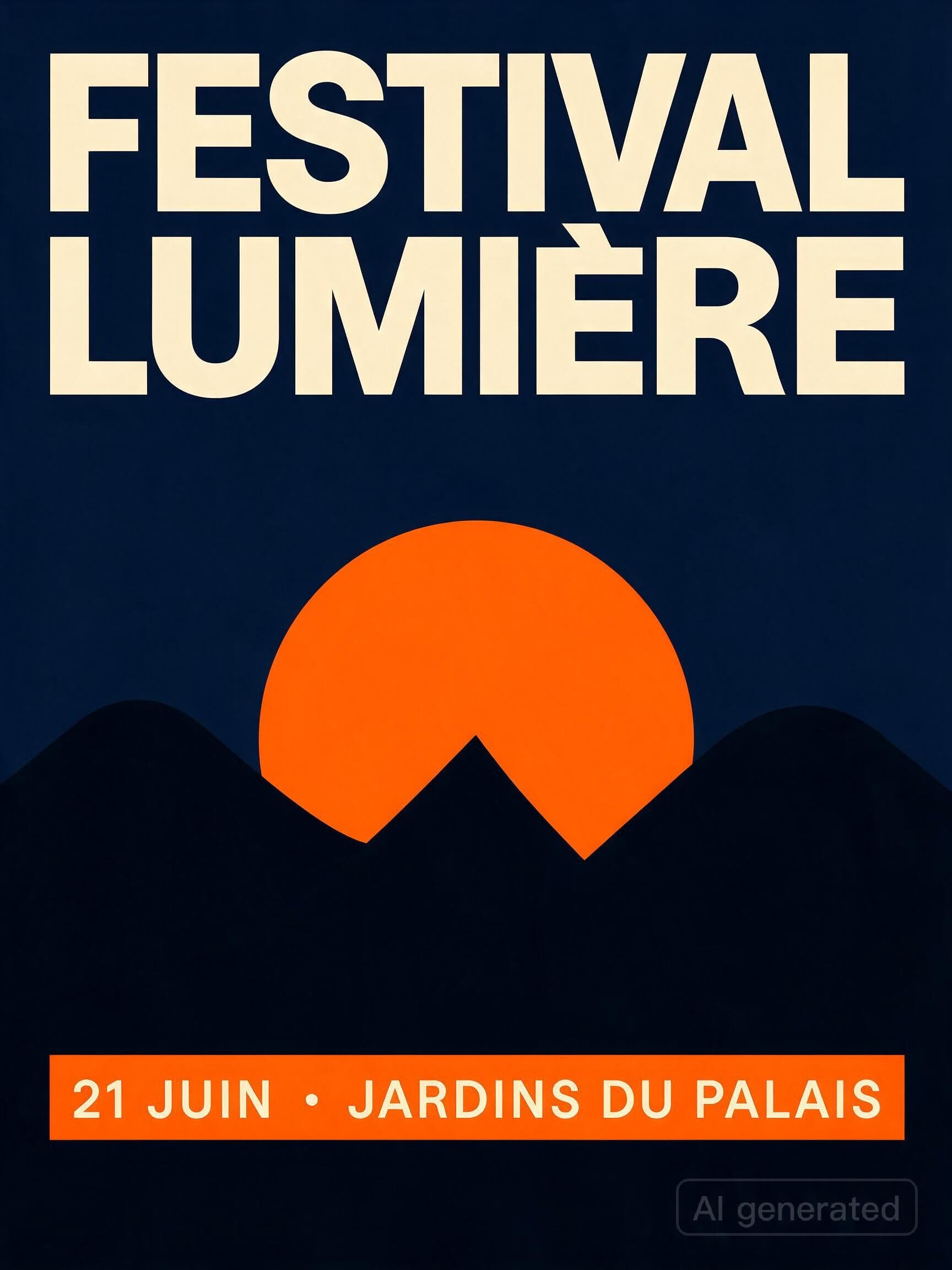 الملصق المُولّد من الطلب: Festival Lumière، عنوان بأحرف كبيرة، شمس هندسية، أسلوب سويسري بسيط