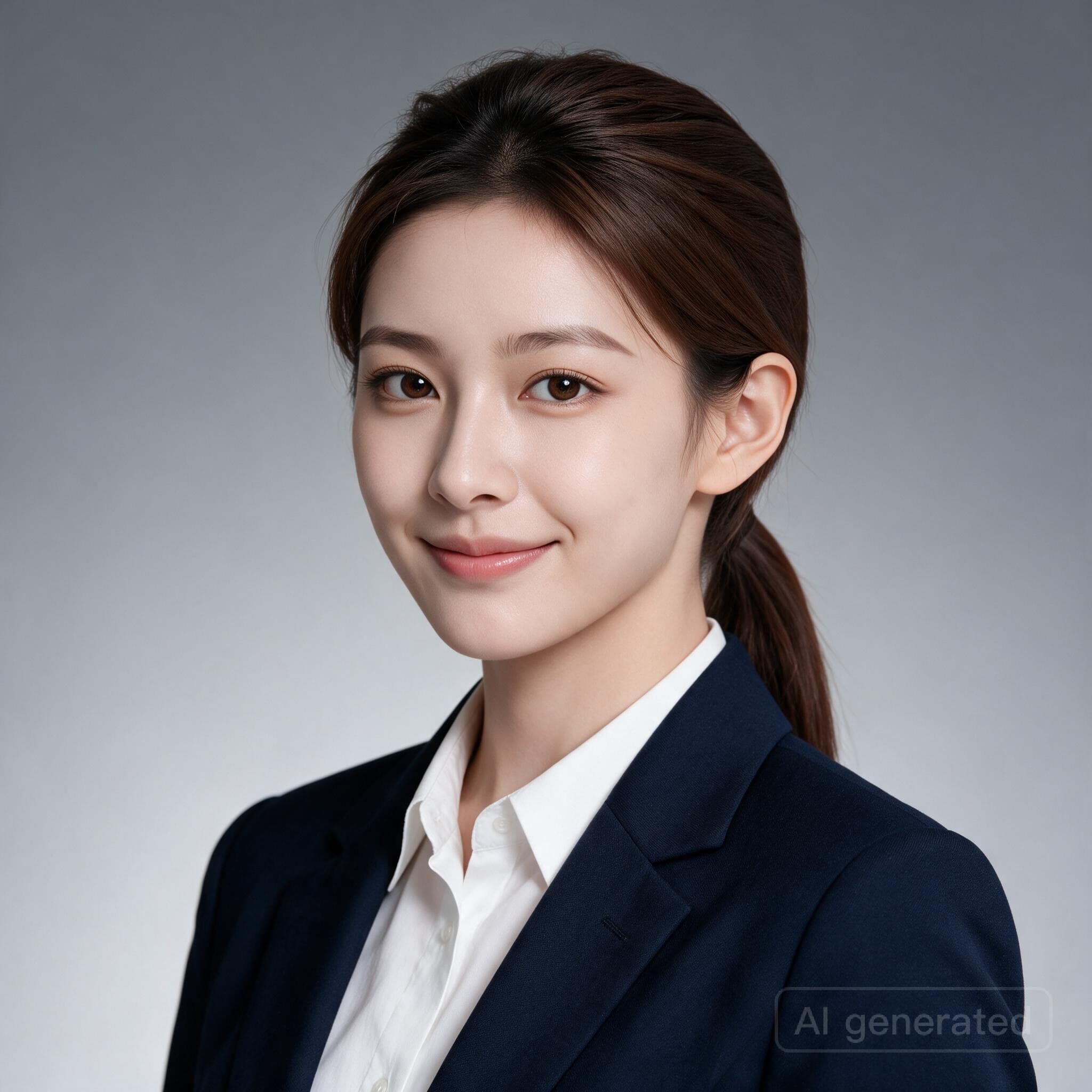 Portrait corporate : blazer bleu marine sur chemise blanche, fond studio gris dégradé