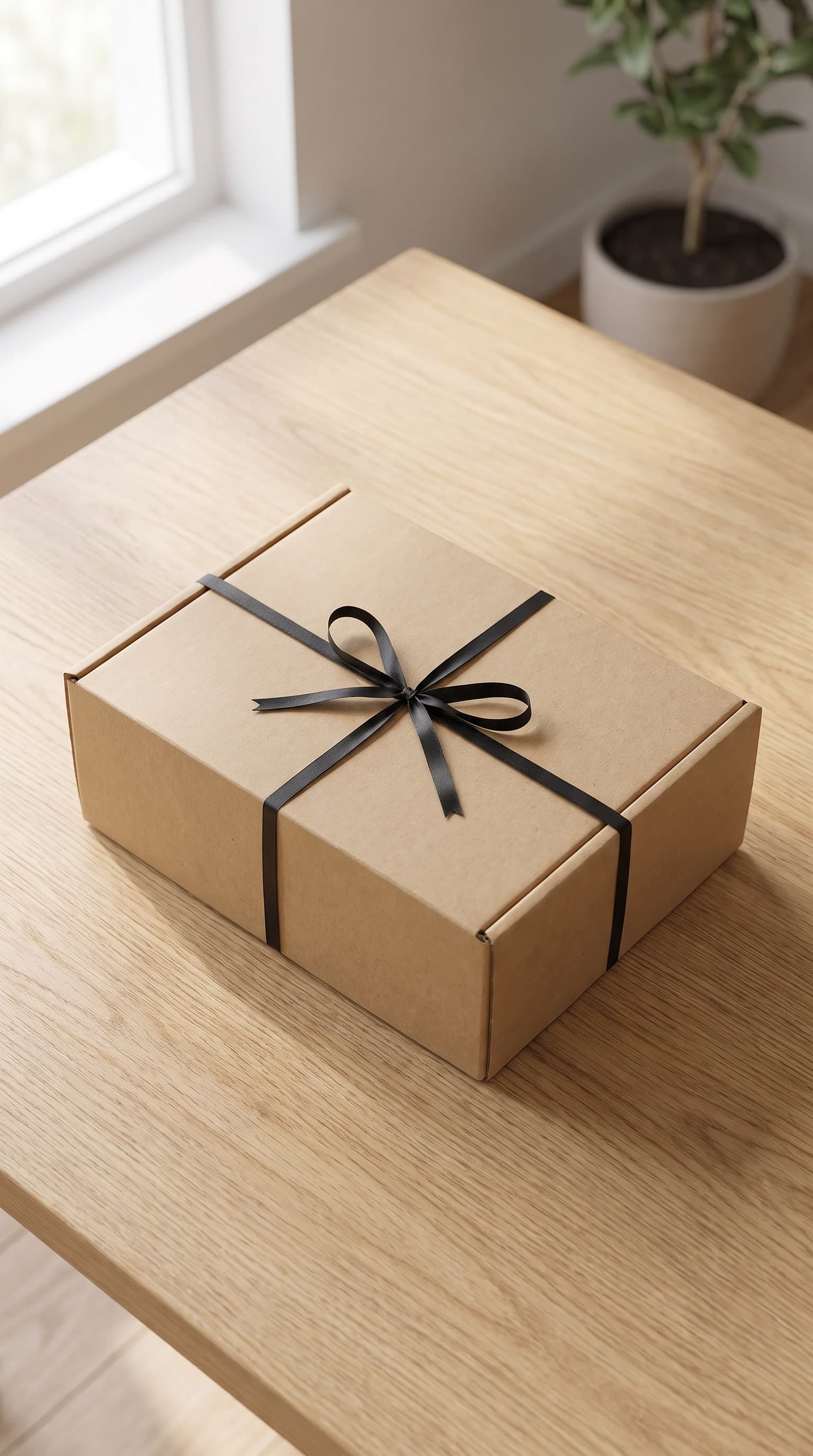 Die Kraftbox, verschlossen mit einer schwarzen Schleife, auf einem Eichentisch