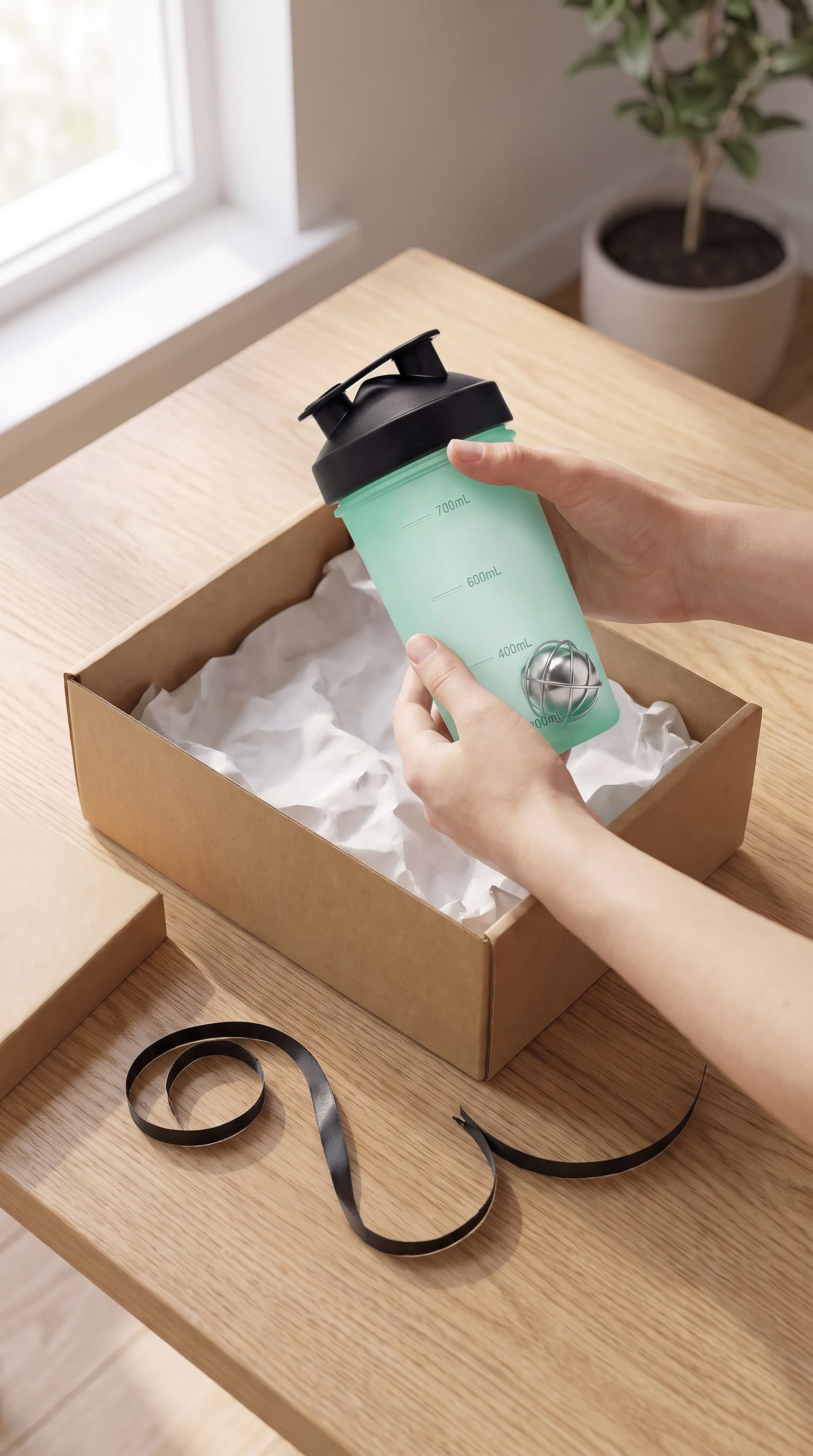 Dieselbe geöffnete Box, der Shaker wird von zwei Händen herausgehoben