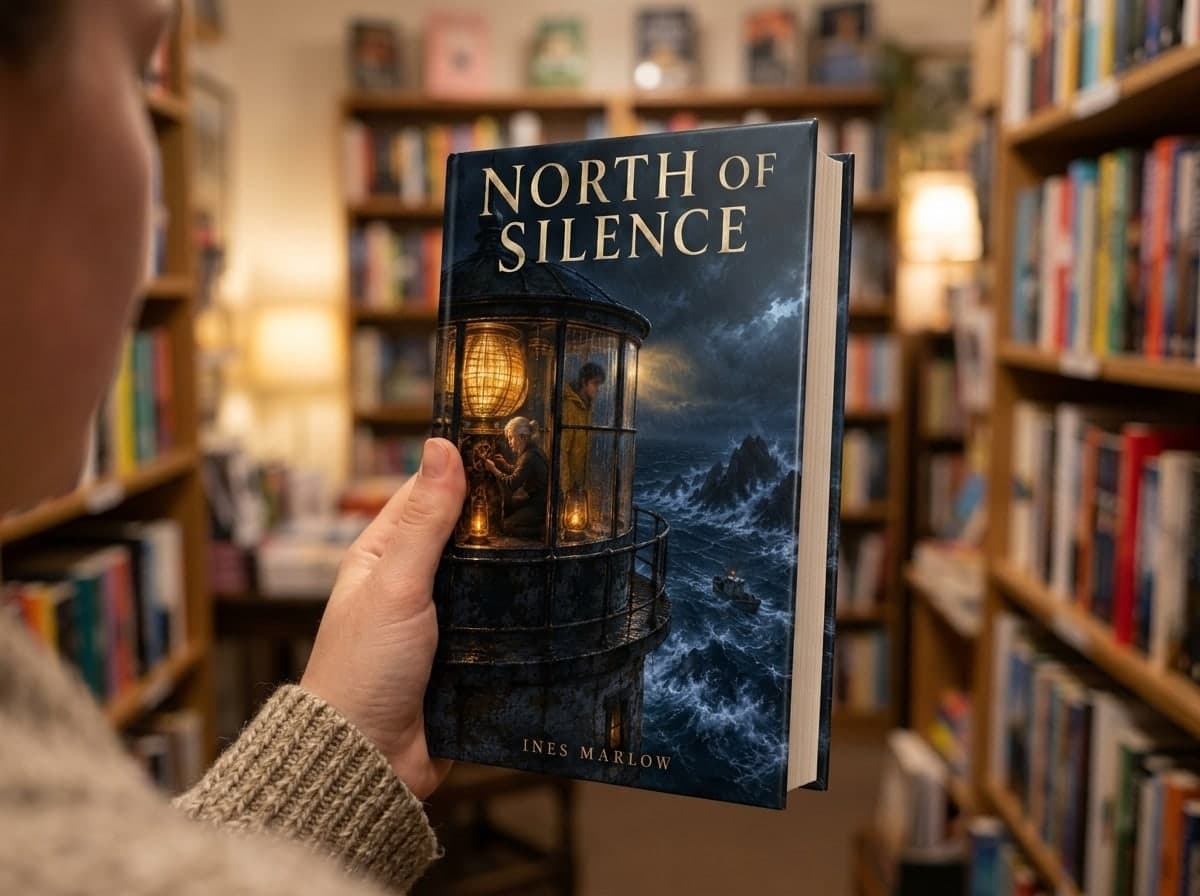 El libro en tapa dura sostenido en una mano ante estanterías de librería desenfocadas, bajo una luz cálida