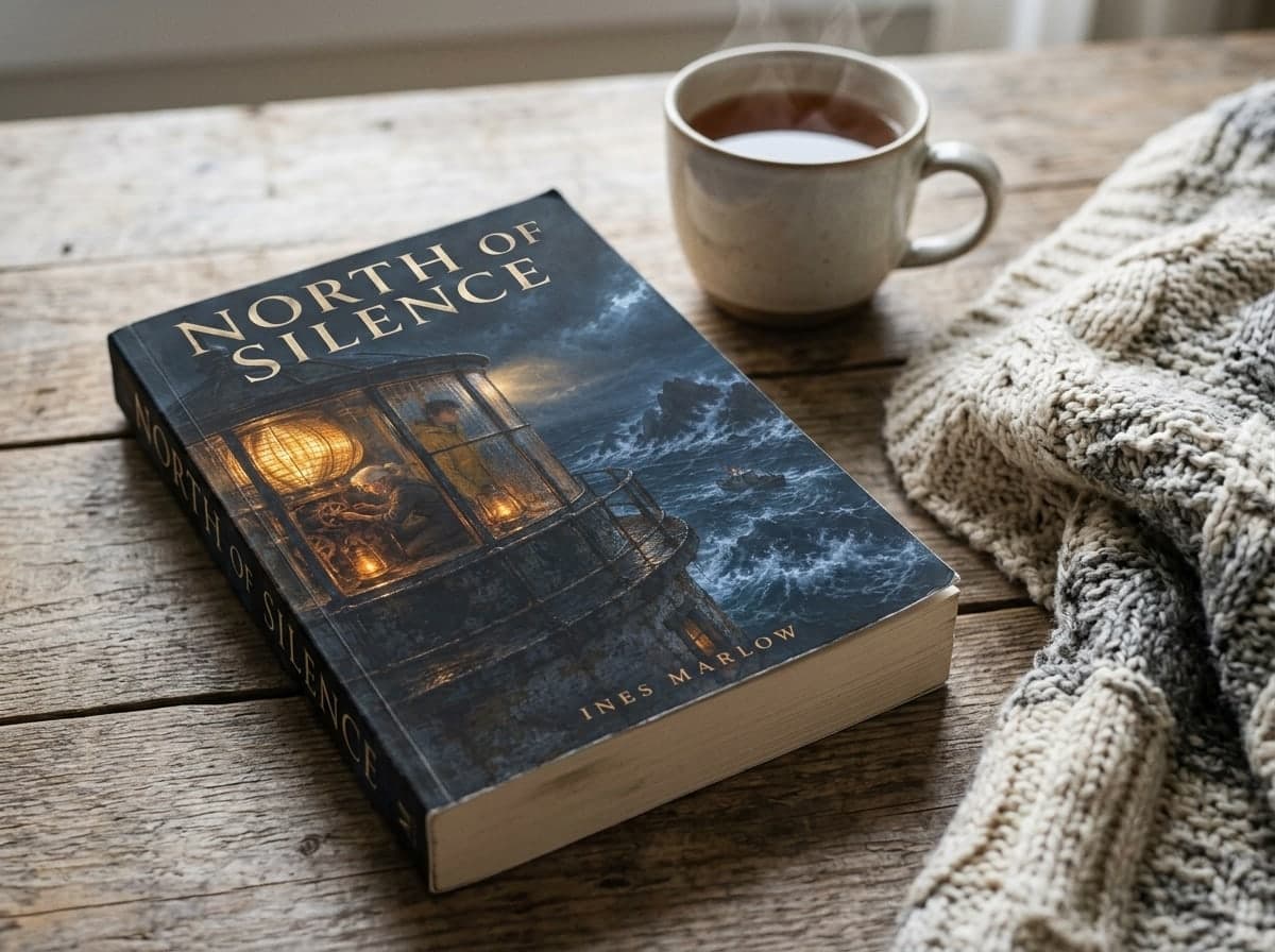 El libro en rústica apoyado en diagonal sobre una mesa de madera, una taza de té humeante y una manta de punto al lado, título visible en el lomo