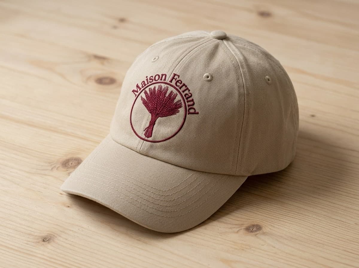 Eine beige Cap auf hellem Holz, das Logo Maison Ferrand mit burgunderrotem Garn vorn aufgestickt