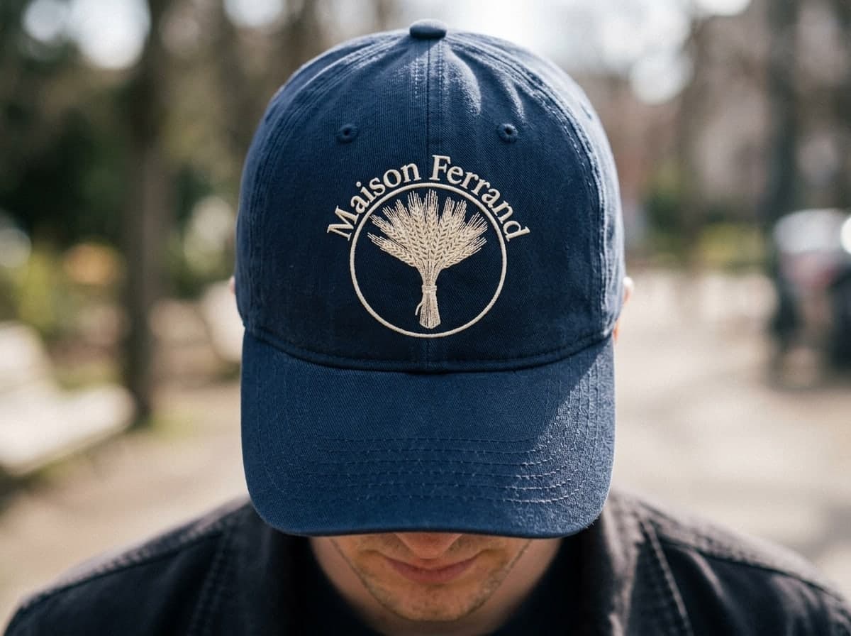 Eine marineblaue Cap, draußen getragen, das Logo Maison Ferrand mit cremefarbenem Garn gestickt