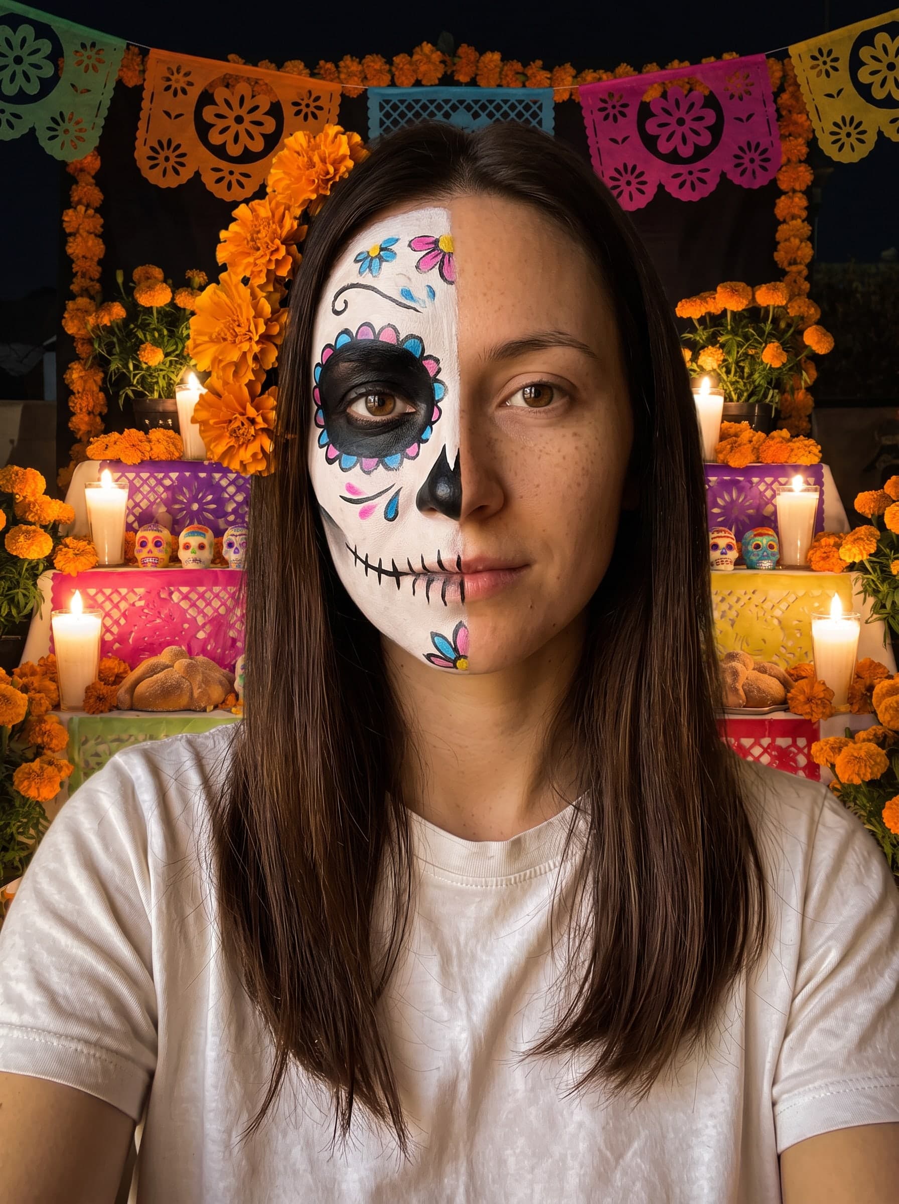 The same woman in a white t-shirt with a half Catrina makeup, white base, a black circle with blue and pink petals and painted flowers, on the right half of her face, the left side of the image, the opposite of the prompt; the bare half keeps its freckles, marigolds in her hair, in front of an ofrenda with candles, pan de muerto, sugar skulls and papel picado with no letters