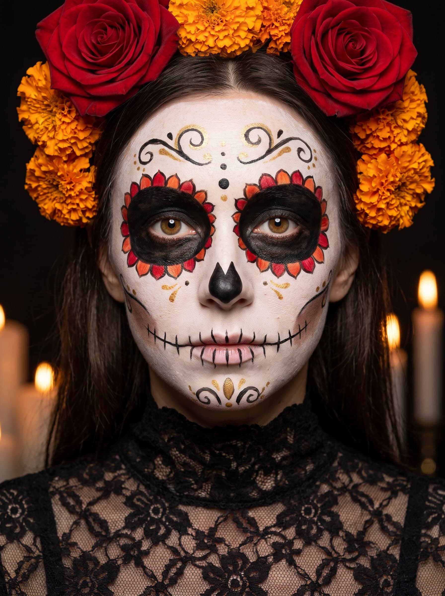 The same woman as a full Catrina: white base, black circles around the eyes ringed with red and orange petals, black stitch lines across the lips out to the cheeks, black and gold swirls on the forehead and chin, a crown of red roses and orange marigolds, a black lace top, blurred candles behind; the small heart asked for on the nose became a pointed black skull nose