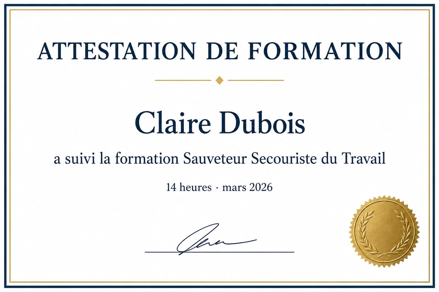 «СВИДЕТЕЛЬСТВО ОБ ОБУЧЕНИИ» на имя Claire Dubois, двойная рамка тёмно-синего и золотого цвета, золотая печать в углу