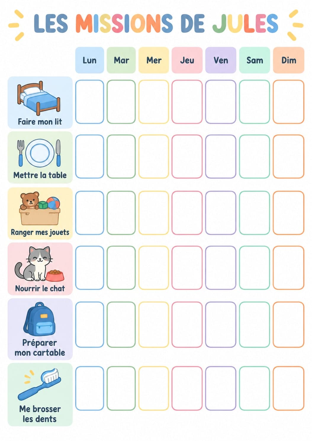 Jadwal tugas mingguan untuk Jules, tabel putih bernuansa pastel dengan enam tugas, masing-masing dengan gambarnya sendiri (kasur, sendok garpu, peti mainan, kucing, tas sekolah, sikat gigi) dan kotak centang untuk setiap hari