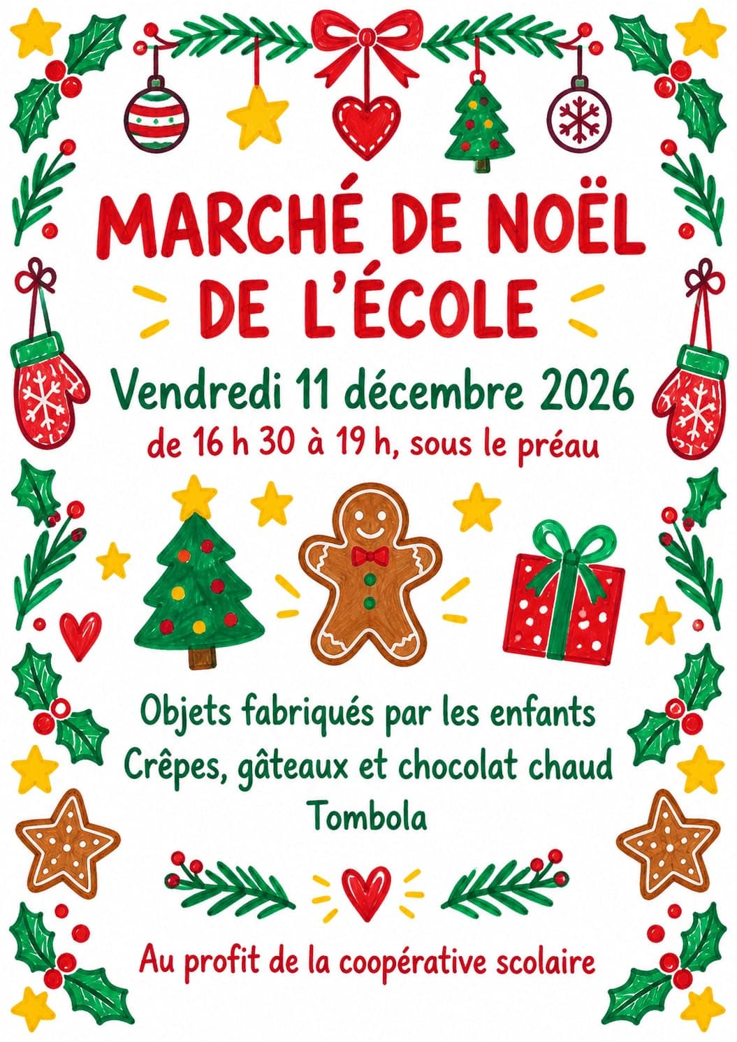 Ein Plakat „MARCHÉ DE NOËL DE L'ÉCOLE“ im Filzstiftstil auf Weiß, umrahmt von Stechpalme, Sternen, Fäustlingen und Lebkuchen, mit „Vendredi 11 décembre 2026“, „de 16 h 30 à 19 h, sous le préau“, einem Weihnachtsbaum, einem Lebkuchenmann und einem Geschenk in der Mitte, „Objets fabriqués par les enfants“, „Crêpes, gâteaux et chocolat chaud“, „Tombola“ und „Au profit de la coopérative scolaire“ unten