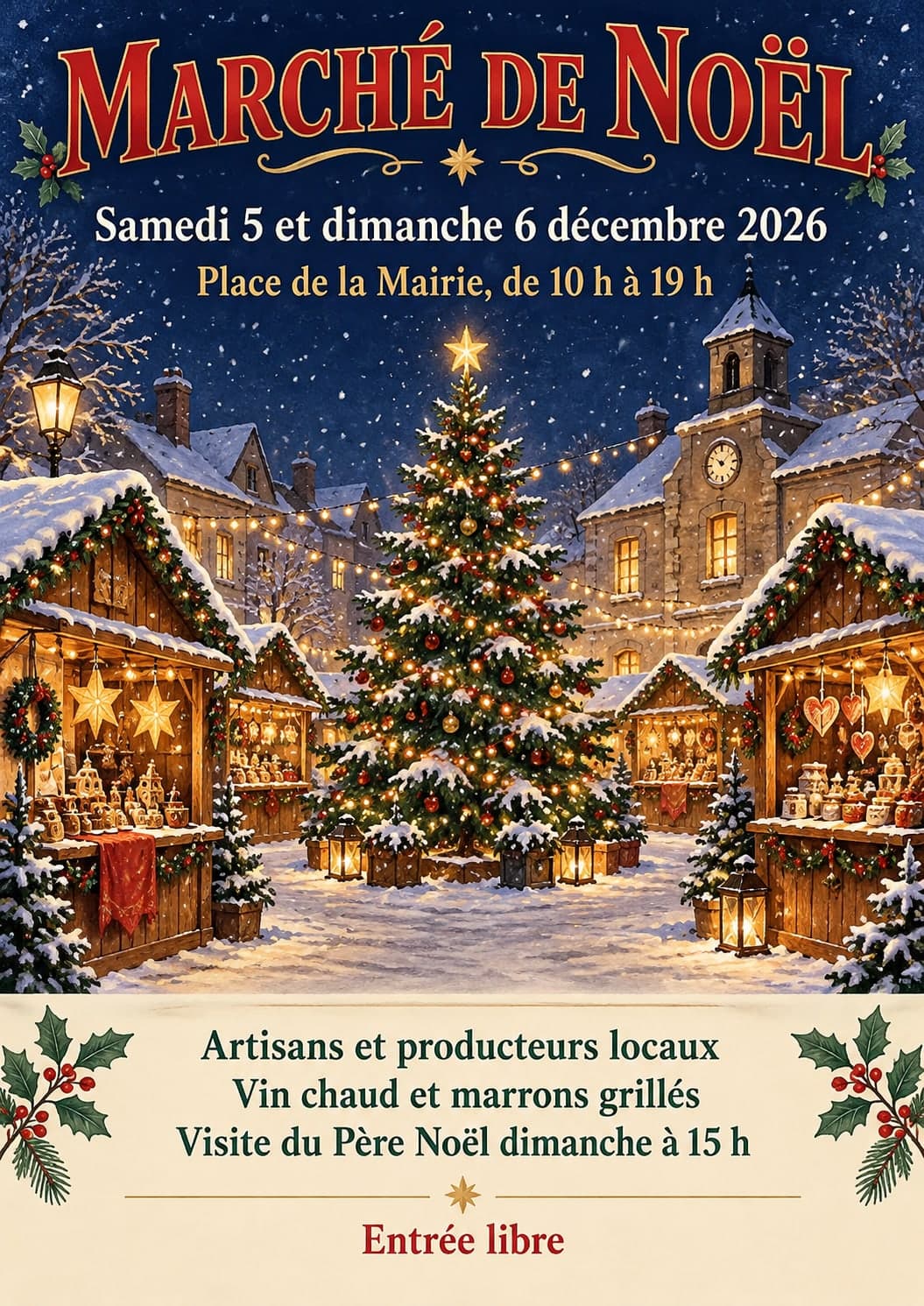 Ein Plakat „MARCHÉ DE NOËL“ in Rot und Gold vor einem verschneiten nachtblauen Himmel, über einem Dorfplatz mit verschneiten Holzbuden, einem großen beleuchteten Baum, einem Rathaus mit Uhr und einem Kirchturm, „Samedi 5 et dimanche 6 décembre 2026“, „Place de la Mairie, de 10 h à 19 h“, dann ein cremefarbenes Band mit „Artisans et producteurs locaux“, „Vin chaud et marrons grillés“, „Visite du Père Noël dimanche à 15 h“ und „Entrée libre“