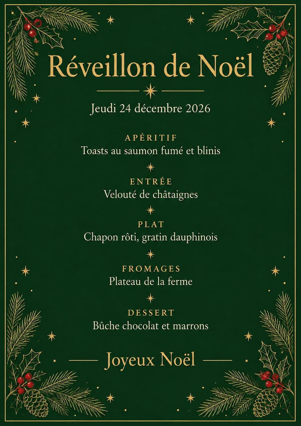 Kartu menu “Réveillon de Noël” (makan malam Malam Natal) dengan huruf serif emas di latar hijau tua, dalam bingkai emas tipis, di atas garis berhias bintang dan “Jeudi 24 décembre 2026” berwarna krem, lima sesi hidangan dengan huruf kapital kecil emas yang renggang, “APÉRITIF”, “ENTRÉE”, “PLAT”, “FROMAGES”, “DESSERT”, masing-masing diikuti hidangannya berwarna krem dan dipisahkan bintang kecil, “Joyeux Noël” di antara dua garis emas, ranting cemara dan holly dengan garis emas, plus buah beri merah dan buah pinus di sudut-sudut yang tidak diminta; semua teks persis di percobaan pertama, 1055 x 1491 piksel, hampir A5