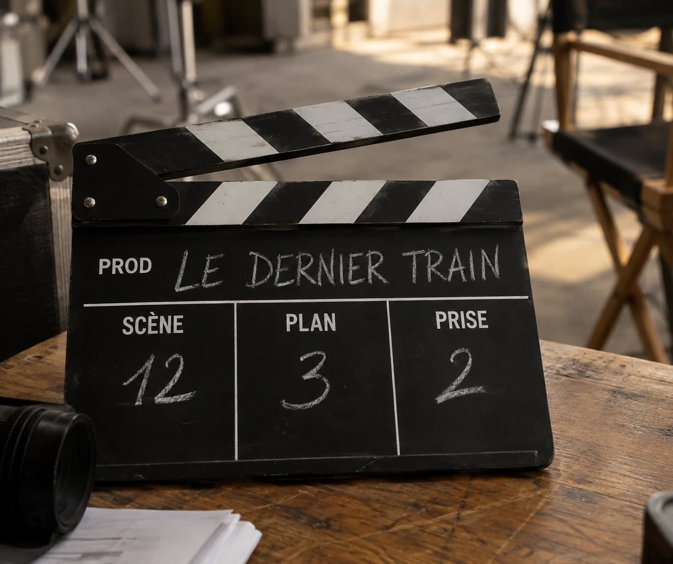 كلاكيت بالأبيض والأسود واقف على طاولة موقع التصوير، «LE DERNIER TRAIN»، المشهد 12 اللقطة 3 المحاولة 2 مكتوبة بالطباشير