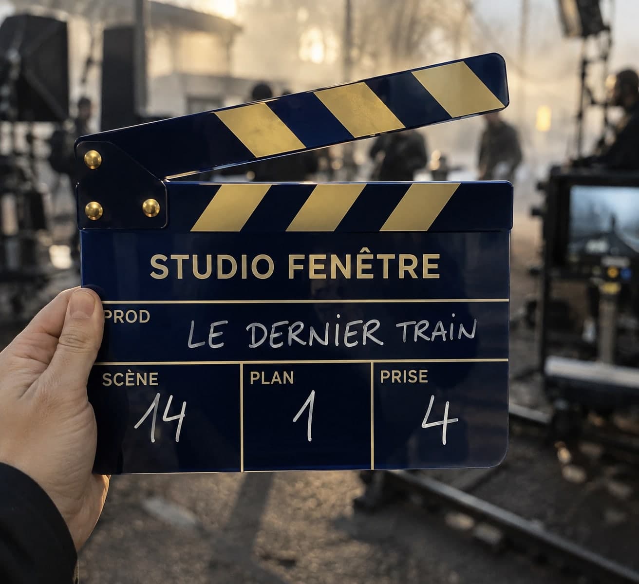 كلاكيت من الأكريليك الأزرق الليلي بخطوط ذهبية «STUDIO FENÊTRE» في اليد أمام قضبان وشاشة مراقبة ضبابية، المشهد 14 اللقطة 1 المحاولة 4