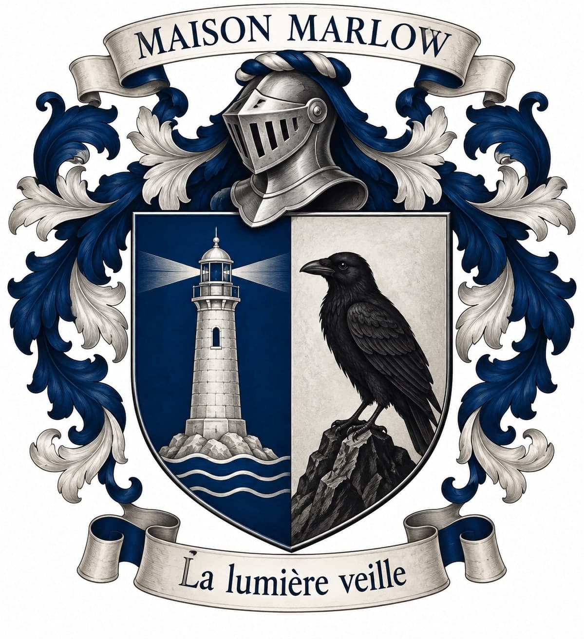 Das Wappen des Hauses Marlow: ein blau-silberner Schild mit Leuchtturm und Rabe, Helm, Helmdecken und Wahlspruch auf Schriftband