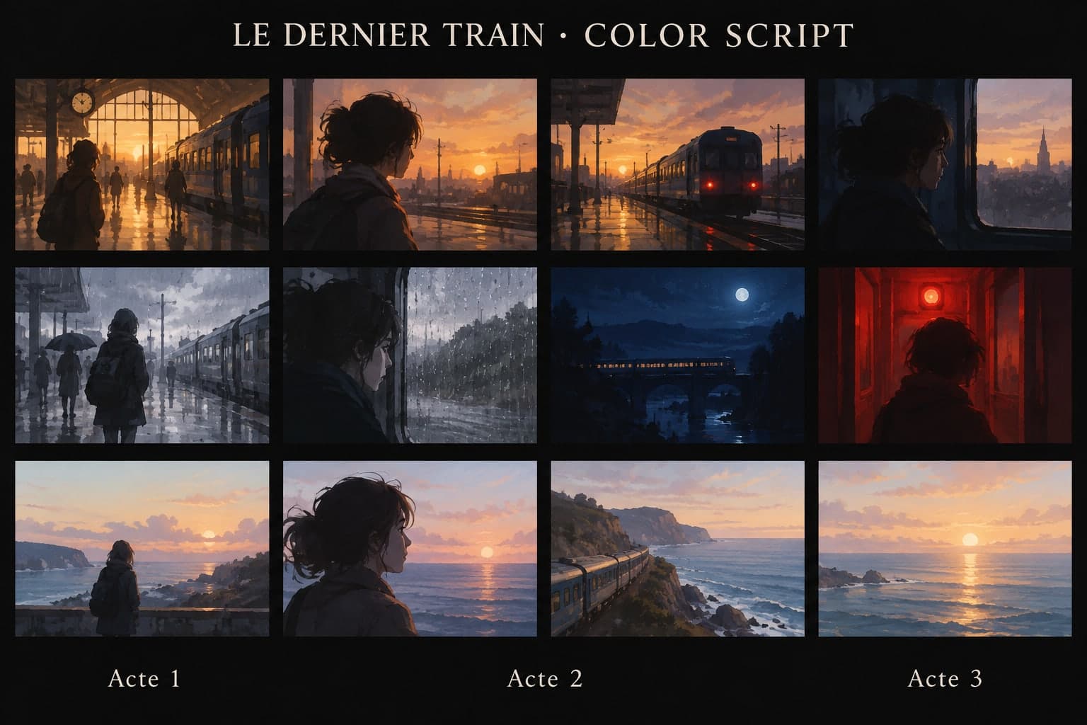 Doce viñetas pintadas sobre fondo negro en tres filas: estación dorada, andén gris bajo la lluvia, tren nocturno sobre un puente, alarma roja, amanecer rosa sobre el mar