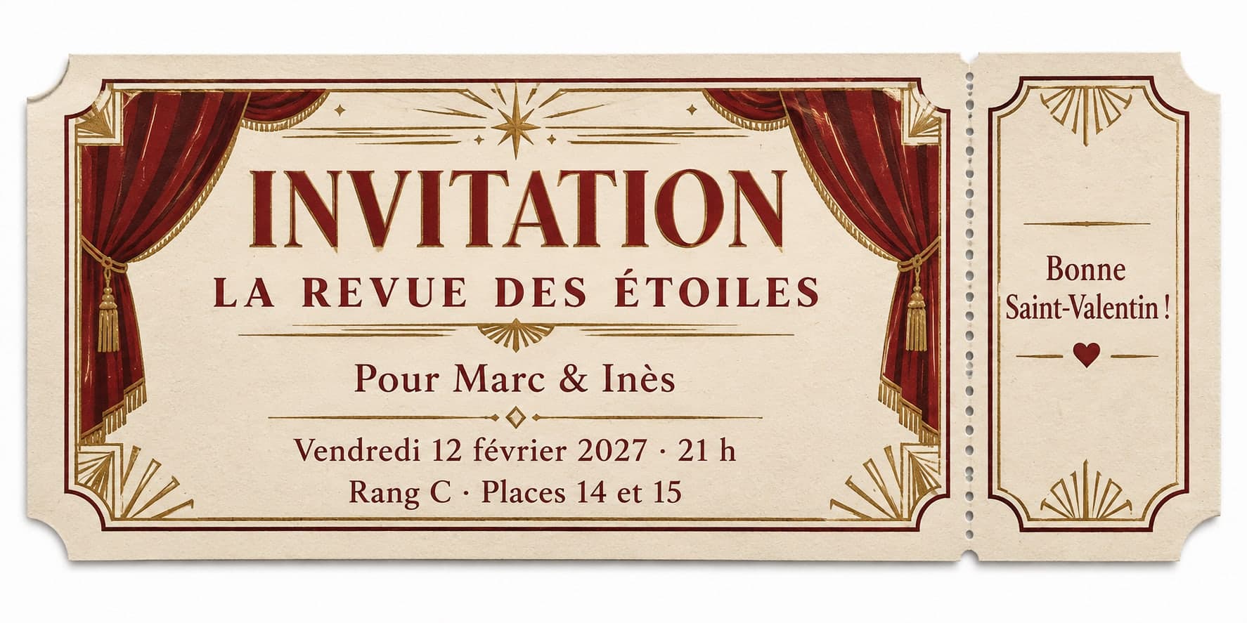 크림색, 빨강, 금색의 옛날식 공연 초대권, 마르크와 이네스를 위한 “La Revue des Étoiles”, C열 14번과 15번 좌석, 빨간 막, 아르데코 테두리, 반권의 해피 밸런타인 한마디와 작은 하트