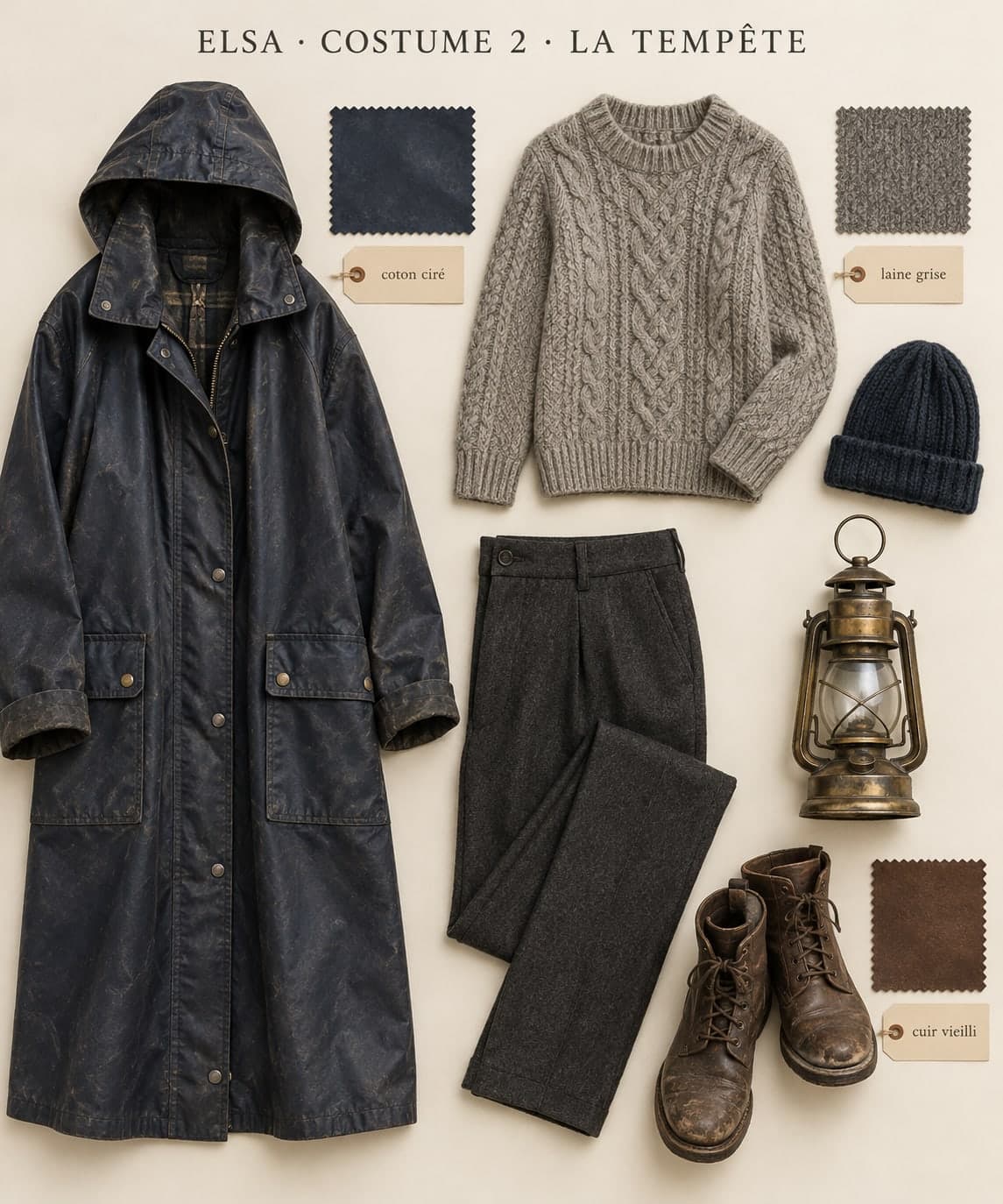 Dasselbe Kostüm flach auf cremefarbenem Grund: Ölmantel, Zopfpullover, Wollhose, Stiefel, marineblaue Mütze und Messinglaterne, drei Papieretiketten