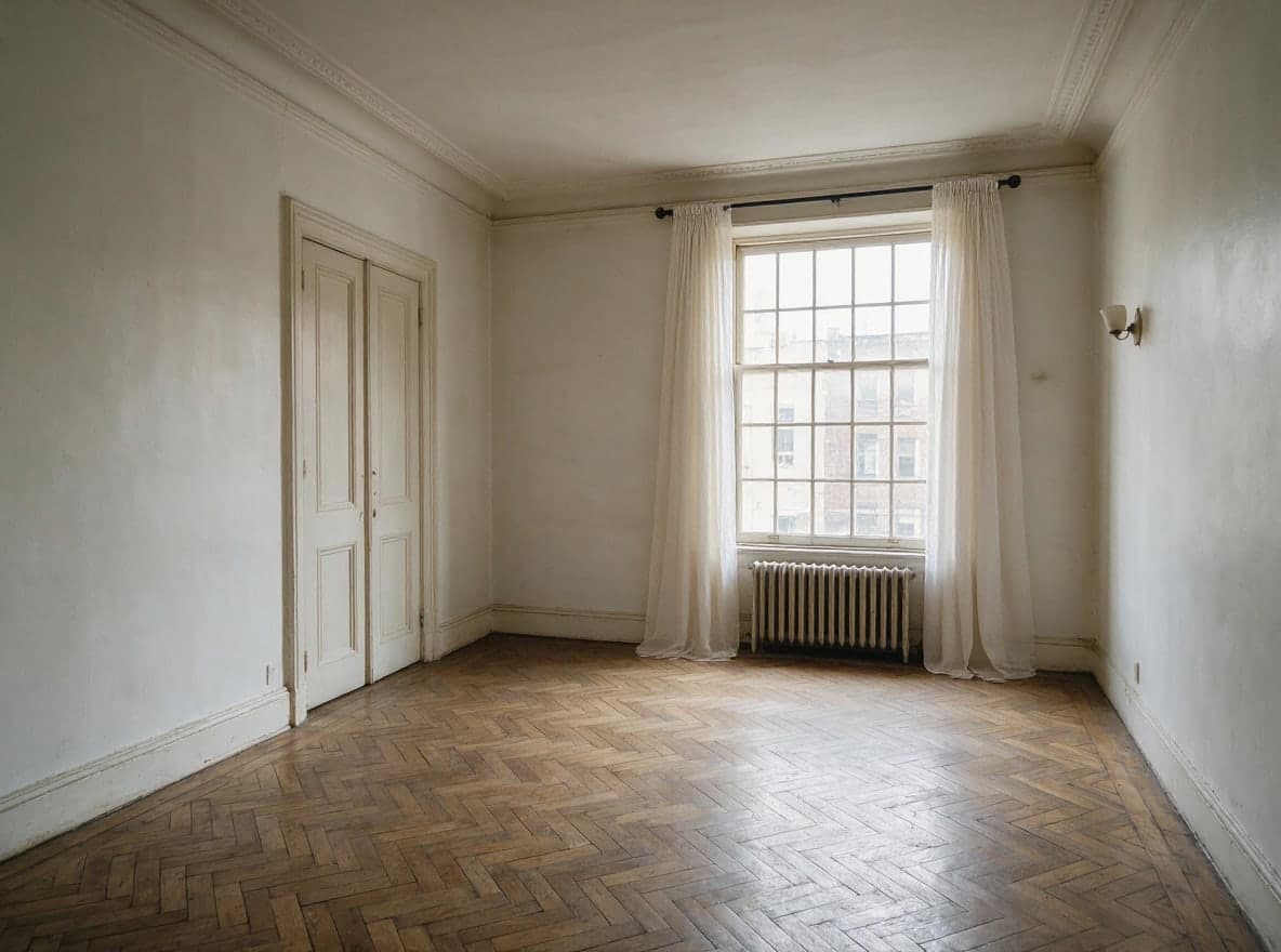 The same room with long off-white linen curtains on a thin black rod, down to the floor