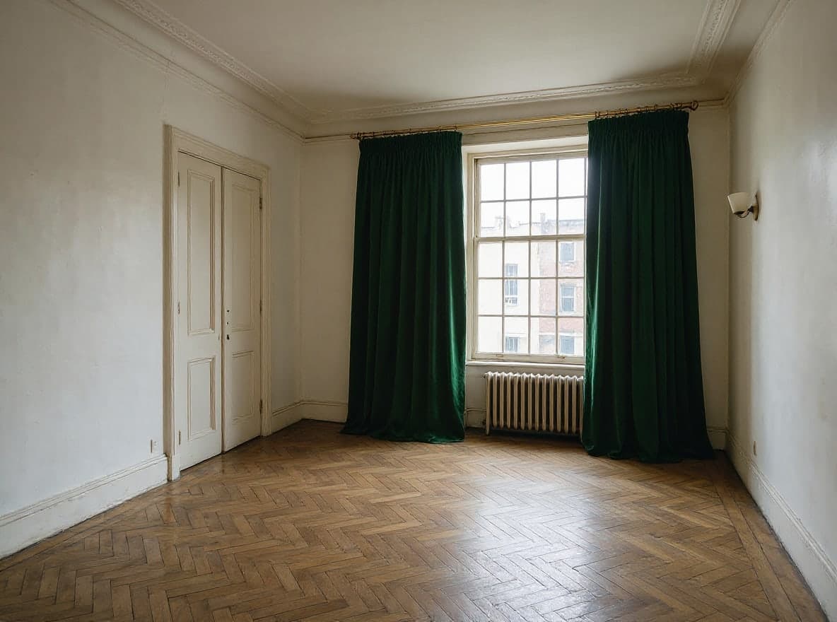 The same room with forest green velvet curtains on a brass rod, falling to the floor