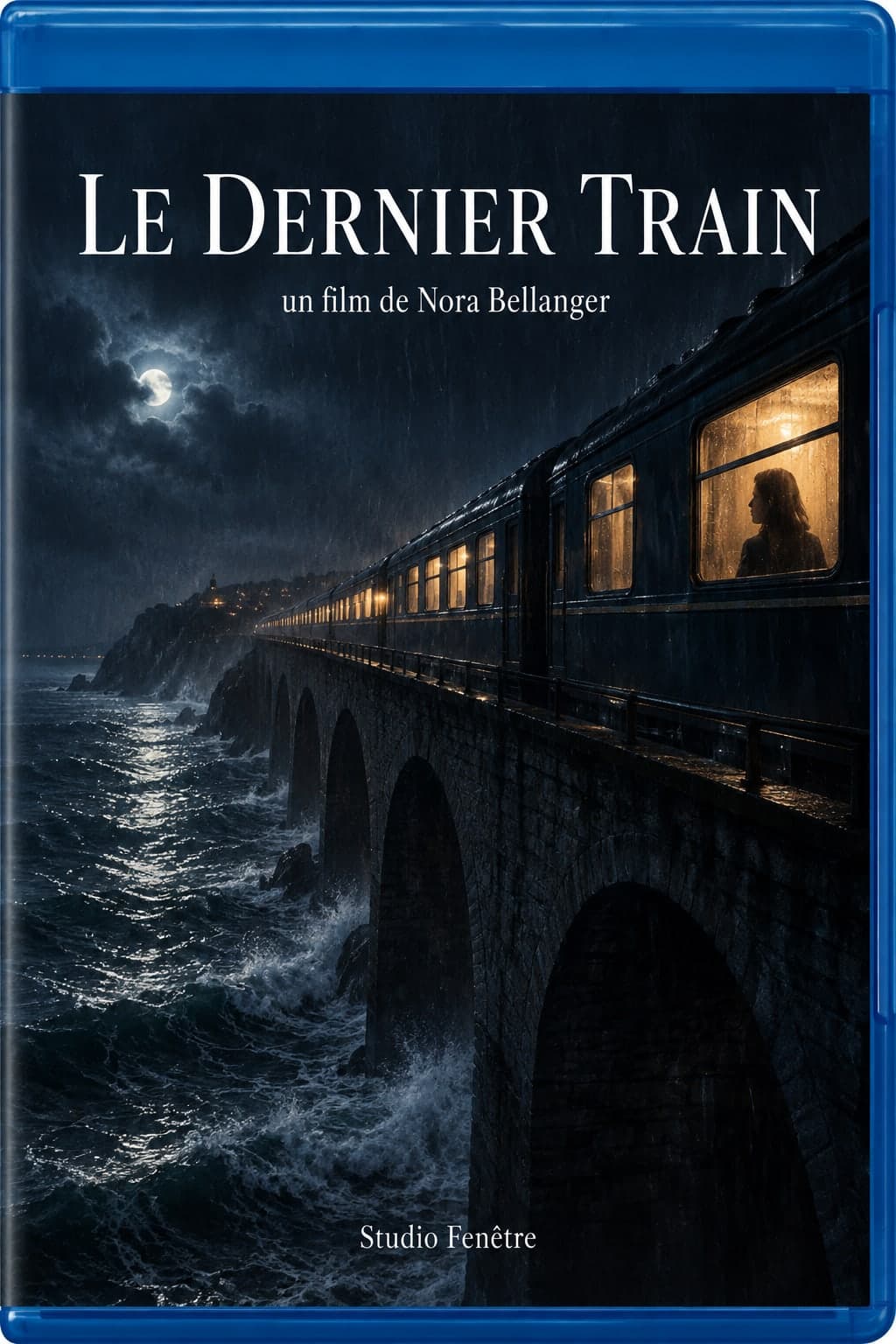 A blue Blu-ray case front: a lit train on a viaduct over the sea in the rain, a woman's silhouette at a window, white title at the top